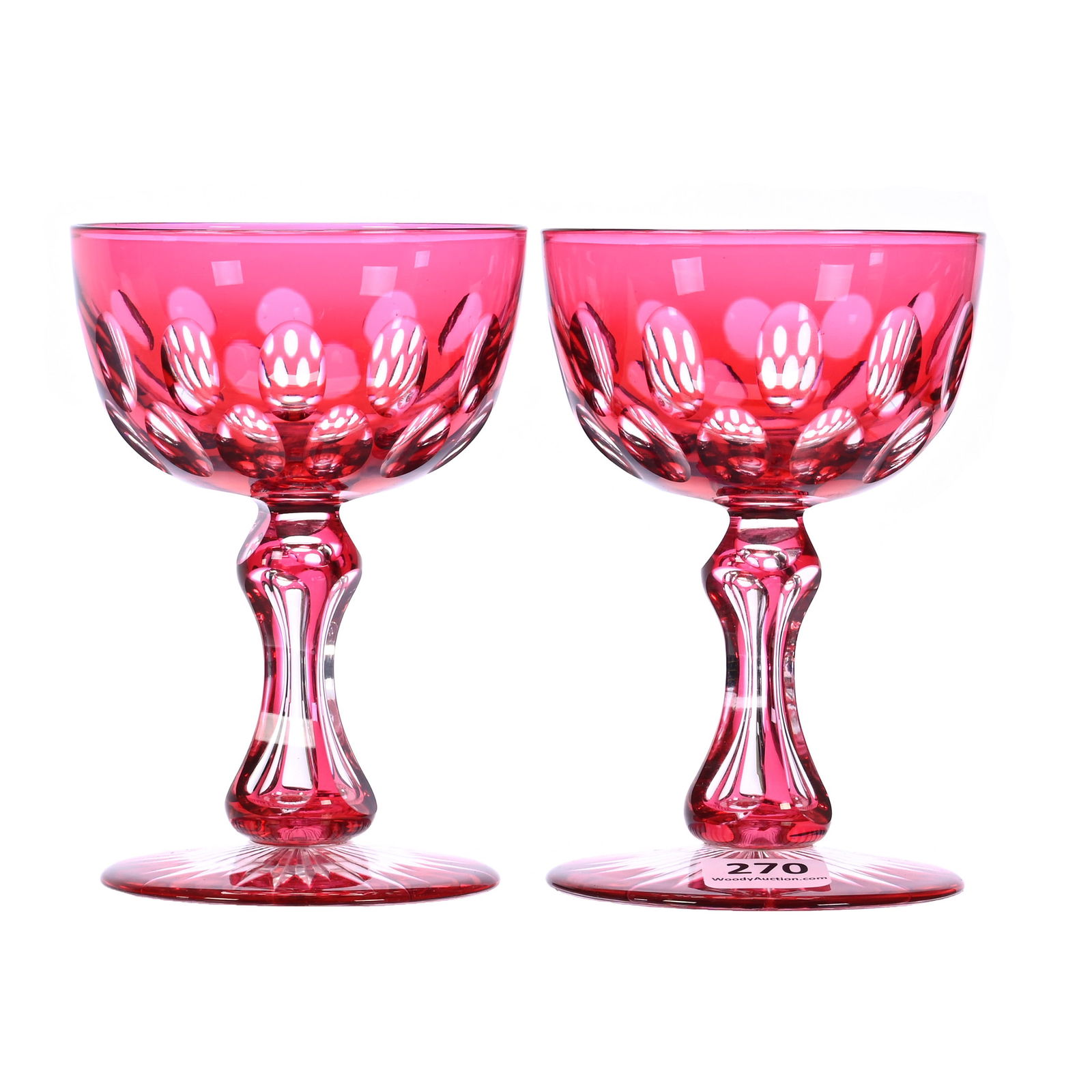 Pair Wine Stems, American Brilliant Cut Glass, Red Cut To Clear (1 of 3)