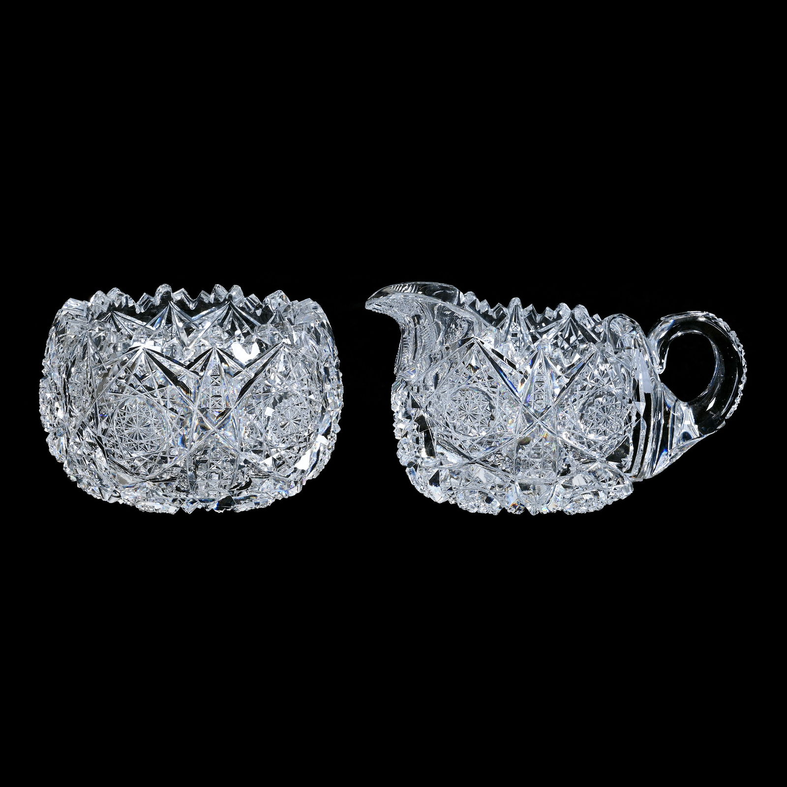 Creamer & Sugar Set, American Brilliant Cut Glass, Signed Egginton Cluster Pattern (1 of 3)