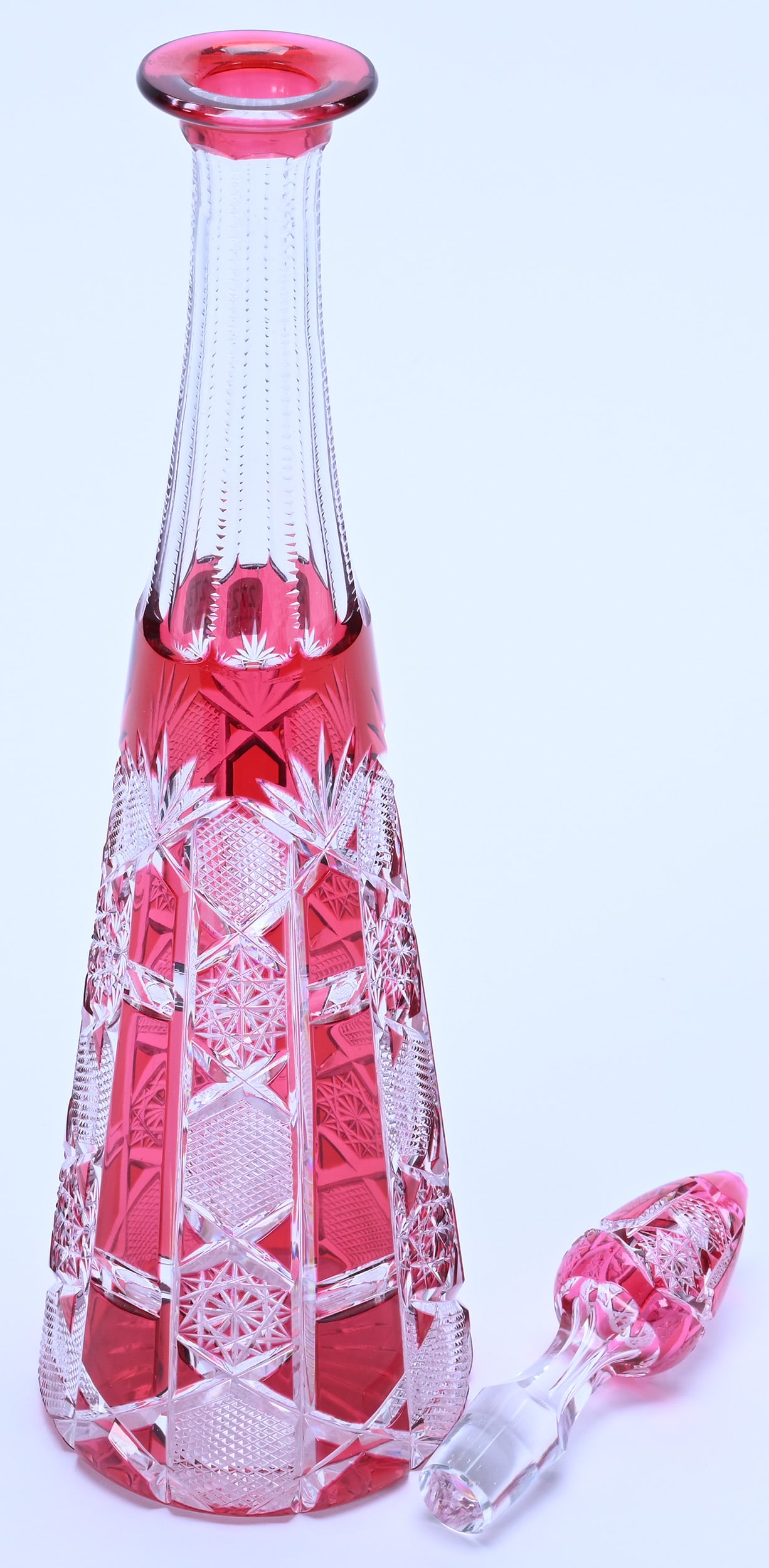 Decanter, Pyramid Shape, BPCG, Red Cut To Clear, Pattern #HF-184 By Val St. Lambert - 2