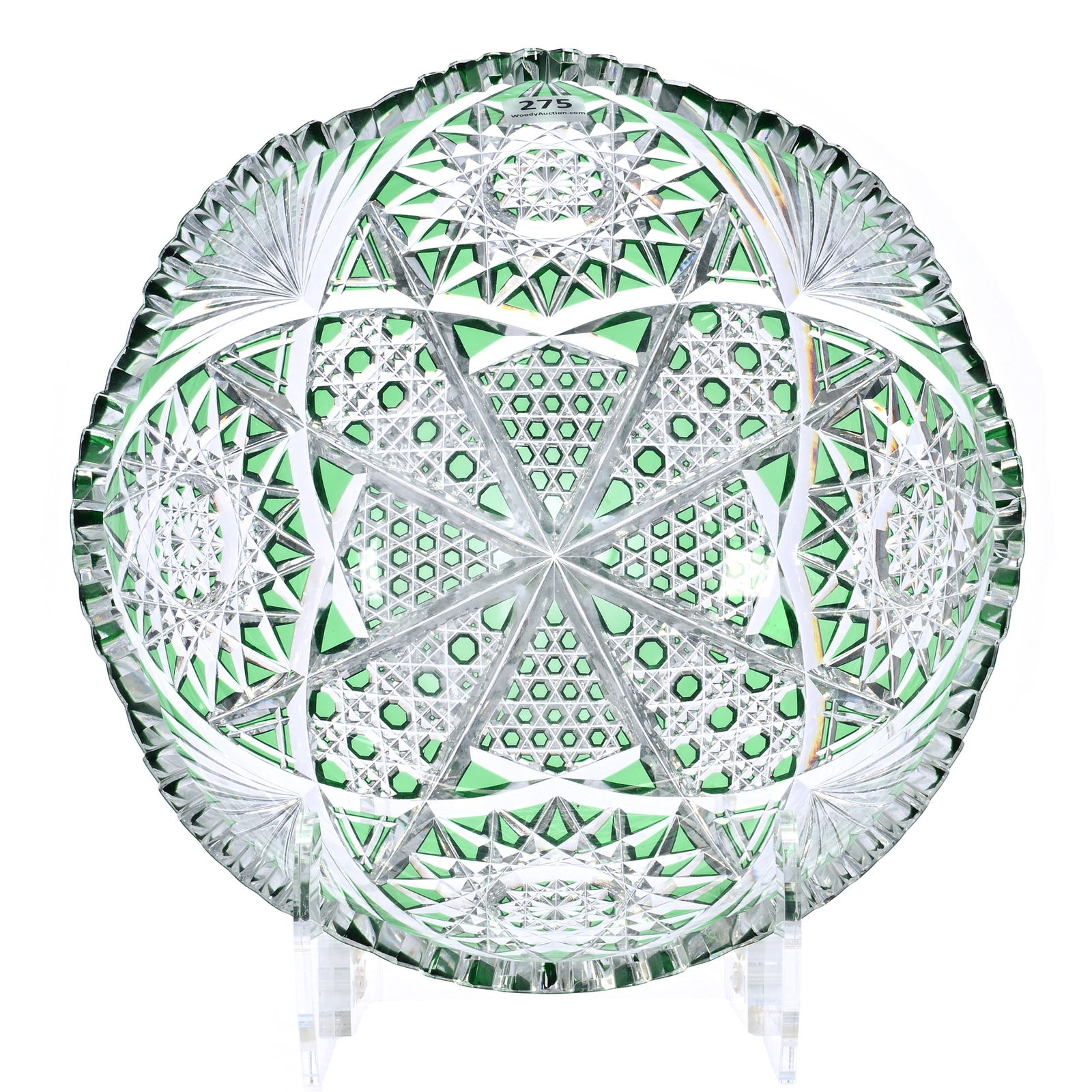 Bowl, Brilliant Period Cut Glass, Green Cut To Clear: Bowl, Brilliant Period Cut Glass, Green Cut To Clear, 4.5 x 10 x 10 Inches, Four Alternating Sections Of Hobstar, Cane, Nailhead Diamond And Fan Motif, Quality Blank, 6 Pounds, Dr. Paul Mancia Collect