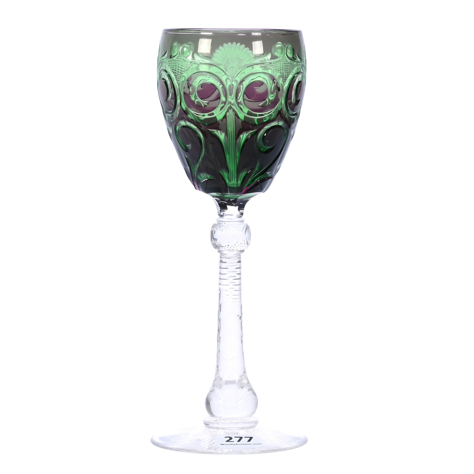 Wine Stem, BPCG, Amethyst Cut To Sea Green, Attributed To Stevens & Williams: Wine Stem, Brilliant Period Cut Glass, Amethyst Cut To Sea Green, Attributed To Stevens & Williams, 8 x 2.75 x 2.75 Inches, Elaborate Scroll Design With Clear Engraved Stem & Ray Cut Foot, 1 Pounds, P