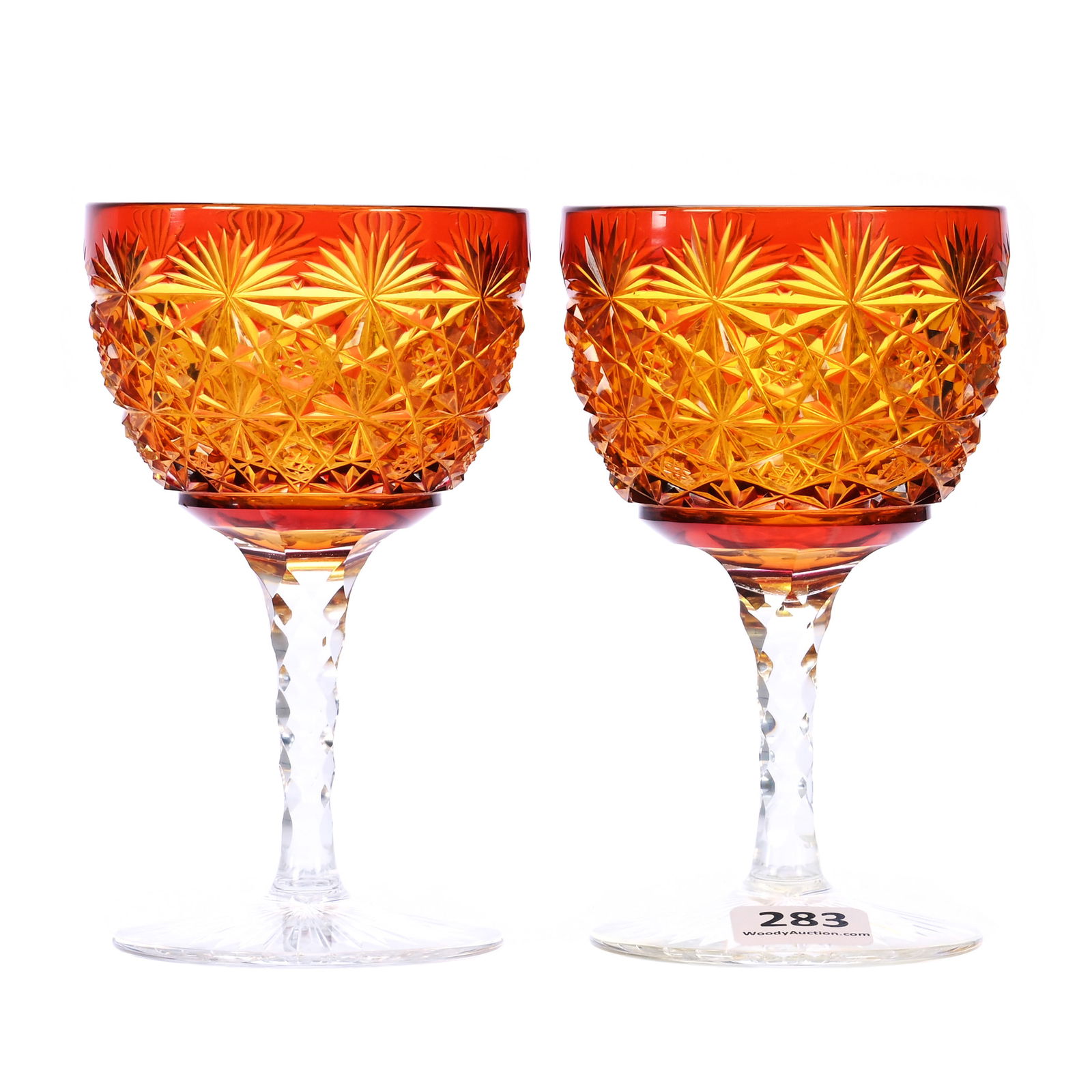 Pair Wine Stems, ABCG, Cranberry Cut To Yellow, Polar Star Pattern By Straus: Pair Wine Stems, American Brilliant Cut Glass, Cranberry Cut To Yellow, Polar Star Pattern By Straus, 4.75 x 2.75 x 2.75 Inches, Diamond Cut Stem, Ray Cut Foot, 1 Pounds, Tennessee Private Collection.