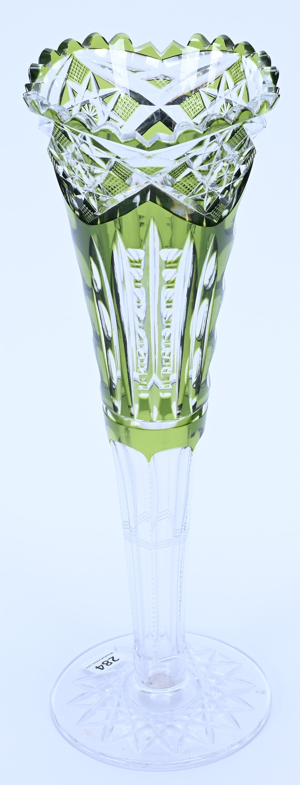 Trumpet Vase, BPCG, Olive Green Cut To Clear, Attributed To Val St. Lambert - 2