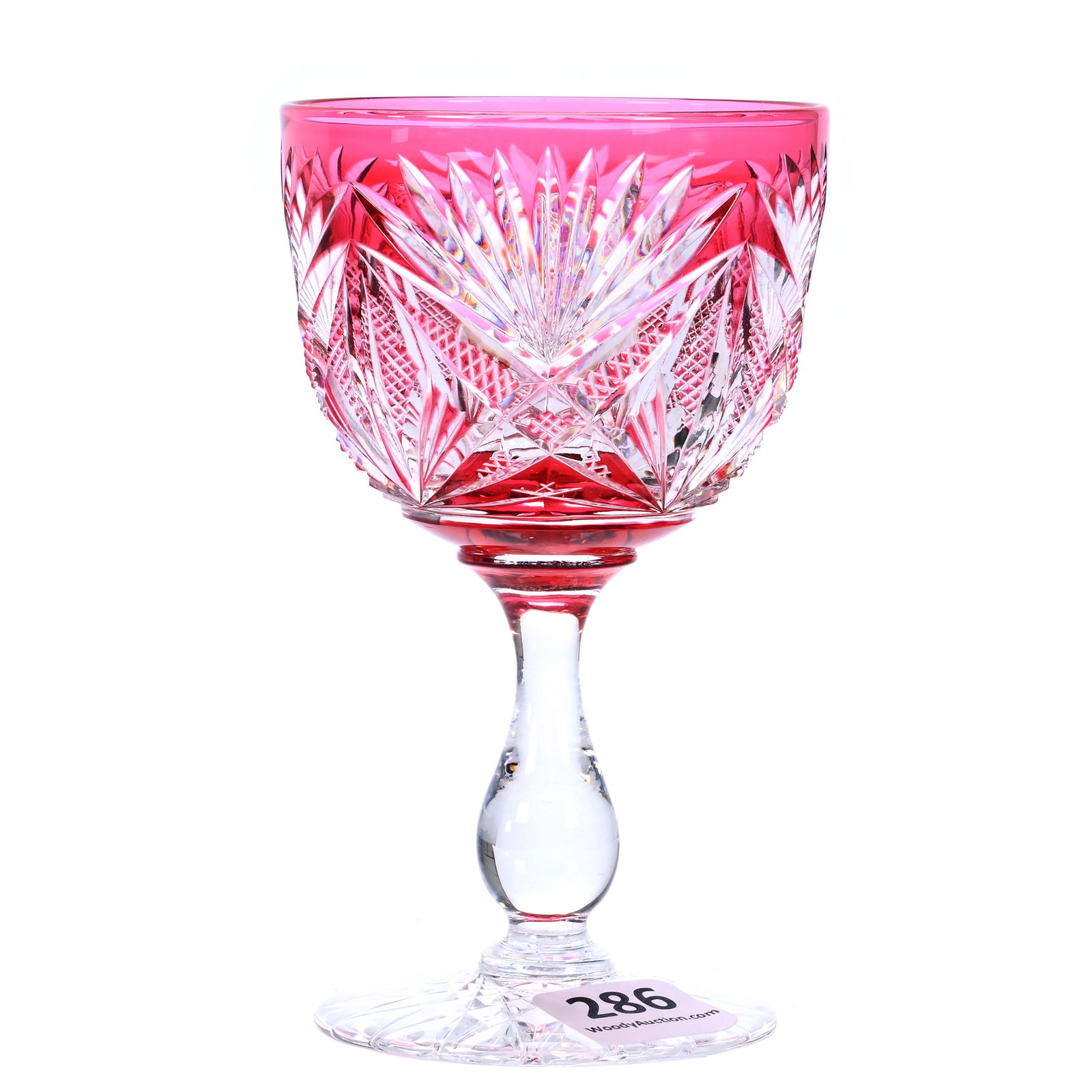 Wine Stem, American Brilliant Cut Glass, Cranberry Cut To Clear Lorraine Pattern By Dorflinger: Wine Stem, American Brilliant Cut Glass, Cranberry Cut To Clear Lorraine Pattern By Dorflinger, 4.5 x 2.75 x 2.75 Inches, Hobstar Foot, 1 Pounds, Private Collection.