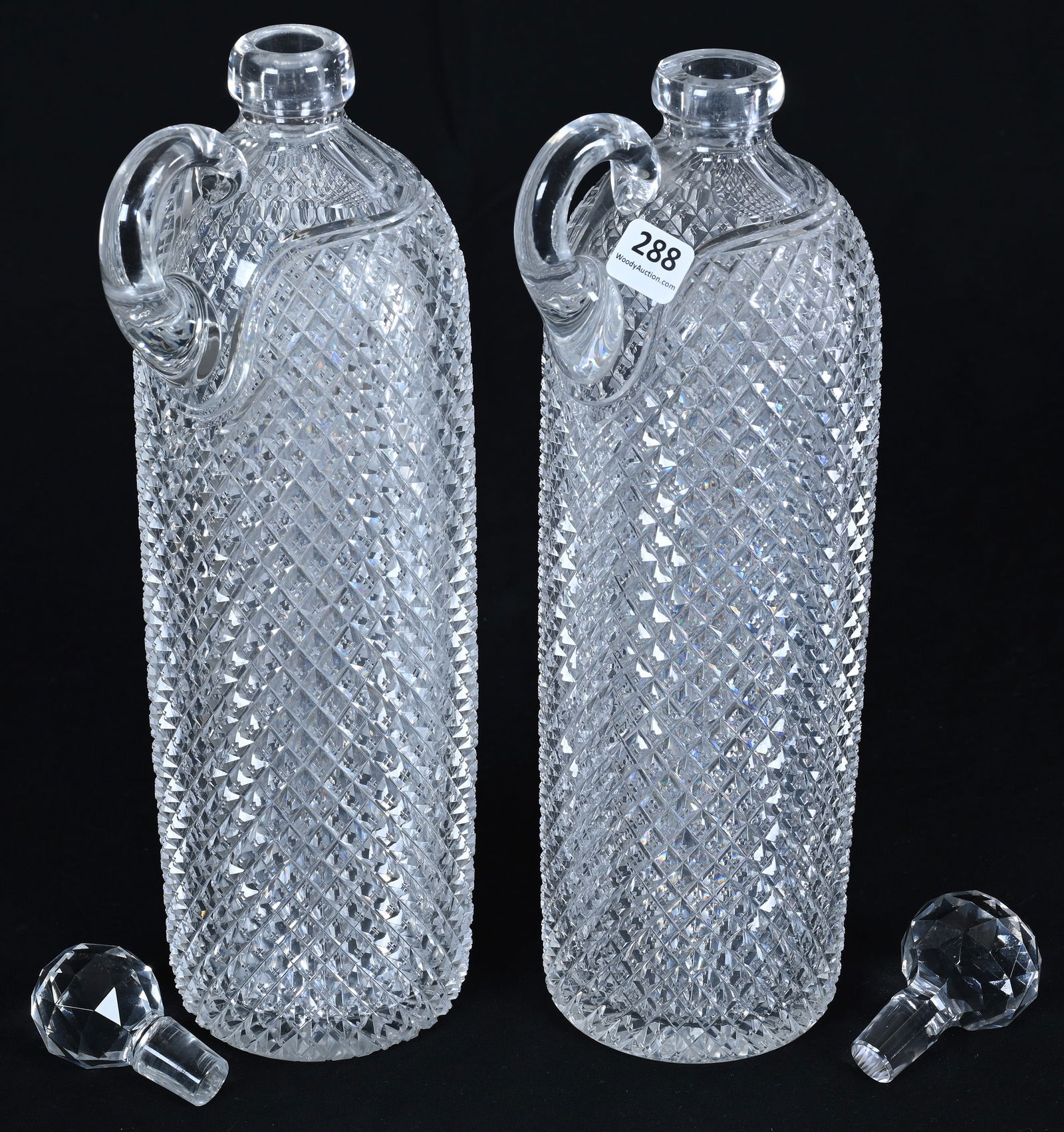 (2) Whiskey Bottles, Handled, American Brilliant Cut Glass, Full Crosscut Diamond Pattern - 2