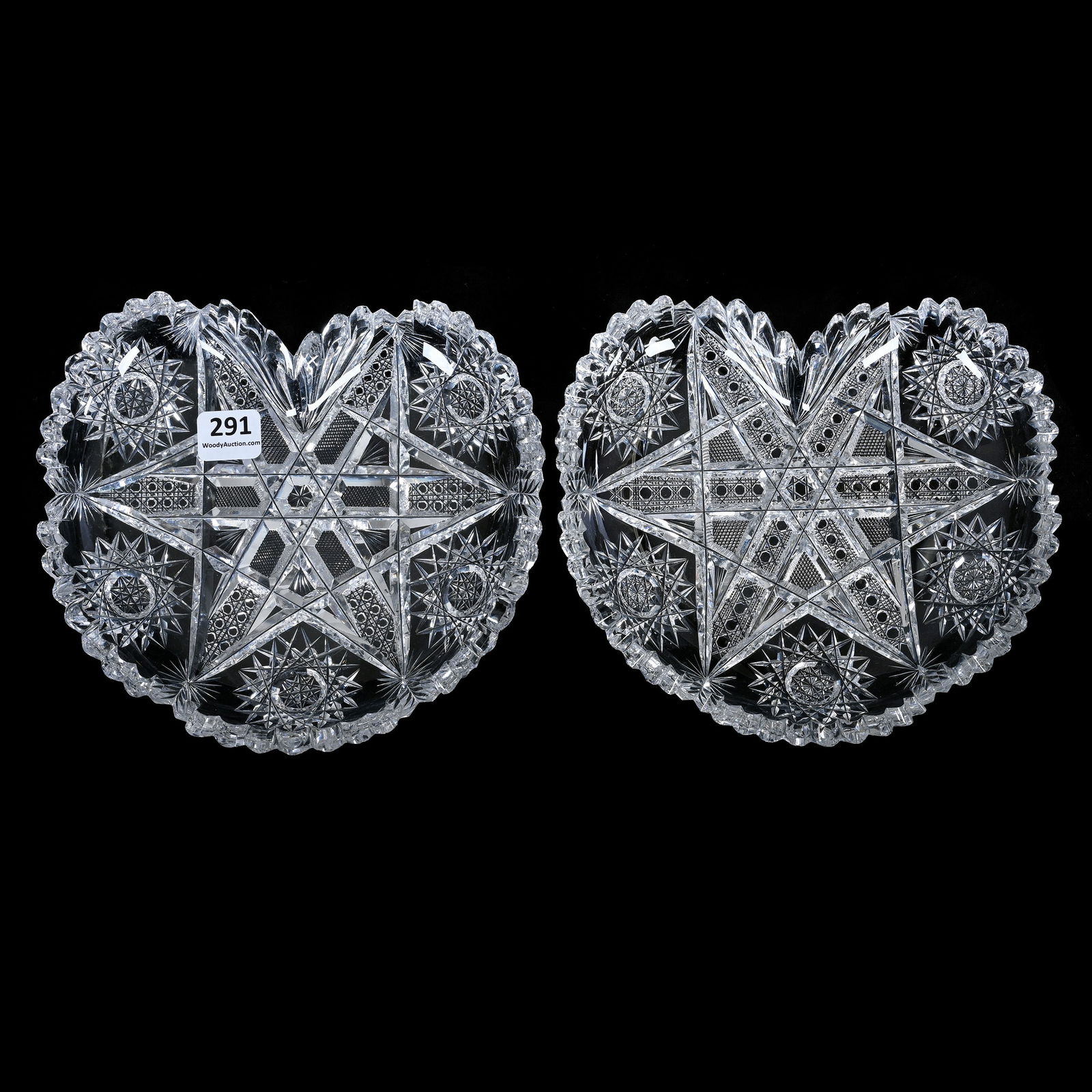 (2) Plates, Heart Shape, American Brilliant Cut Glass, Nearly Identical Pattern (1 of 2)