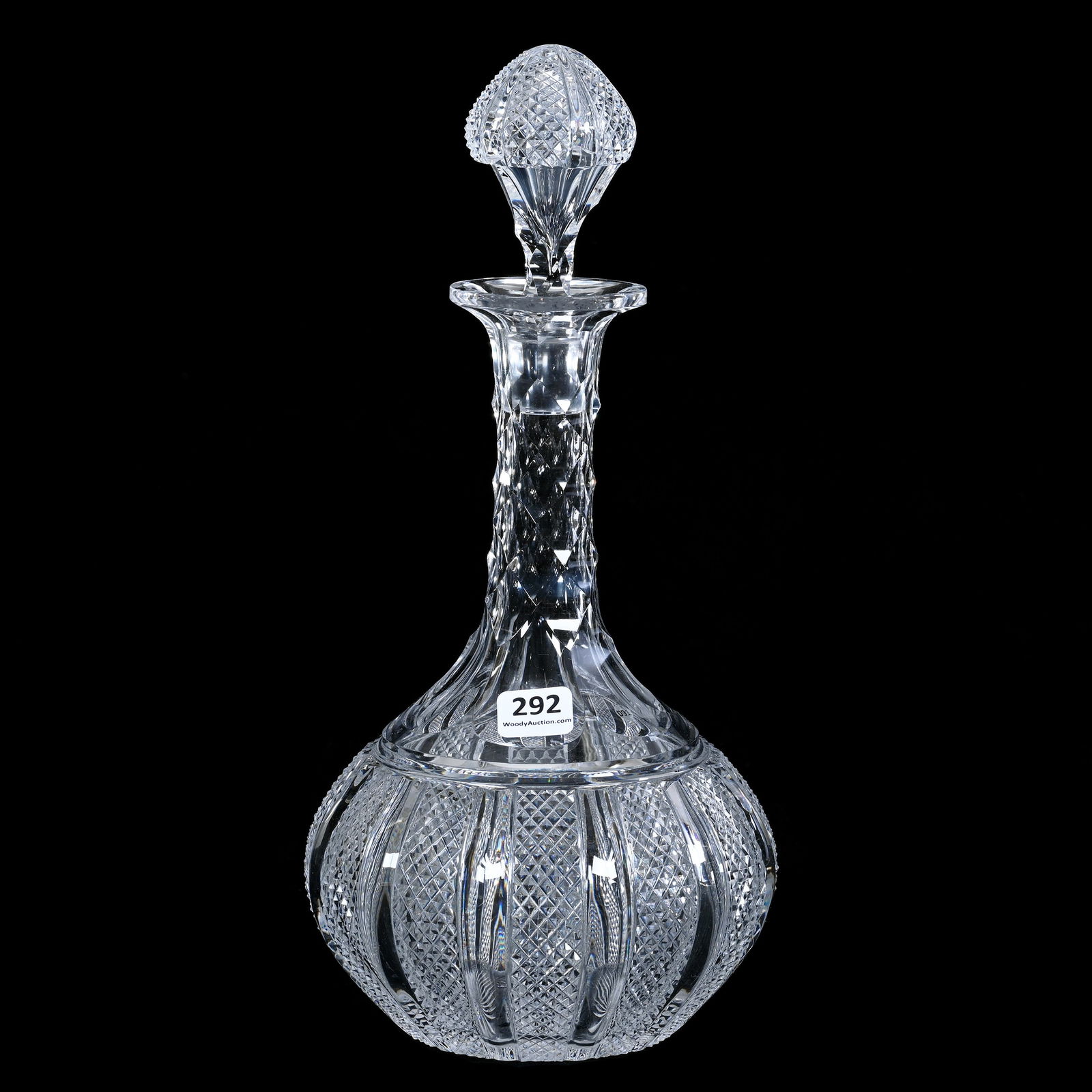 Decanter, American Brilliant Cut Glass, Alternating Panels Of Diamond And Pillar Motif: Decanter, American Brilliant Cut Glass, Alternating Panels Of Diamond And Pillar Motif, 11.75 x 5.75 x 5.75 Inches, Pattern Cut Stopper, Ray Cut Base, 3 Pounds, Judy Ratcliffe Collection, Florida.