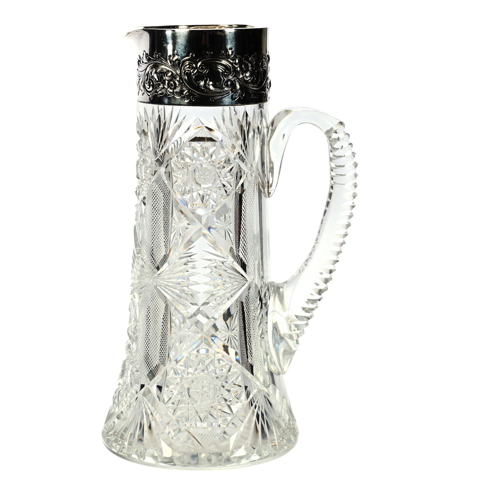 Tankard, ABCG, Pattern #50 By Dorflinger, Embossed Sterling Silver Collar: Tankard, American Brilliant Cut Glass, Pattern #50 By Dorflinger, Embossed Sterling Silver Collar, 10 x 5.75 x 45 Inches, Silver Marked Dominick & Haff, Notched Handle, Hobstar Base, 4 Pounds, Private
