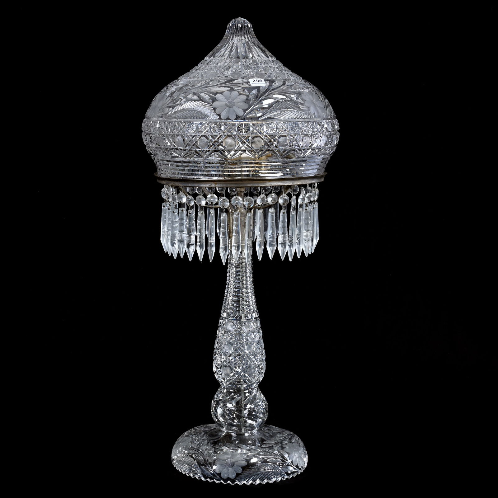 Table Lamp, Strawberry Dome, American Brilliant Cut Glass, Harvard & Engraved Floral Pattern: Table Lamp, Strawberry Dome, American Brilliant Cut Glass, Harvard & Engraved Floral Pattern, 27.5 x 11.5 x 11.5 Inches, Electrified, Two Light, 22 Pounds, Richard Lockey Collection, Florida.
