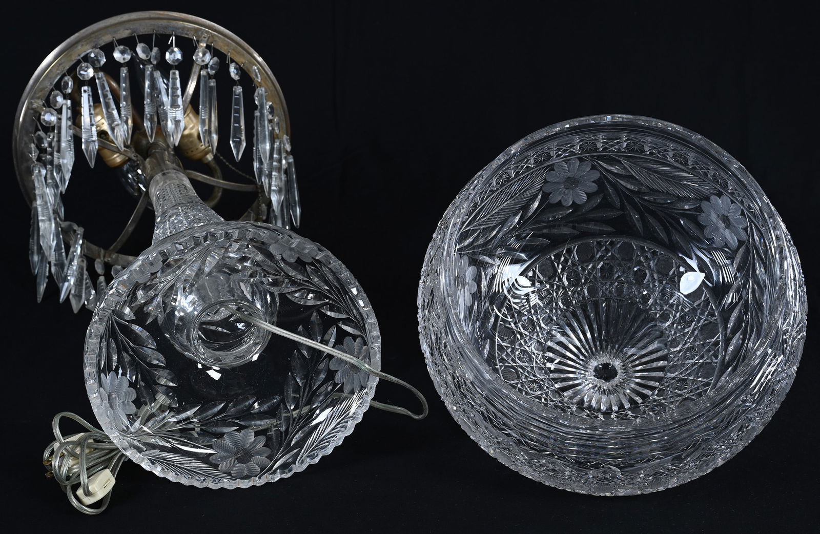 Table Lamp, Strawberry Dome, American Brilliant Cut Glass, Harvard & Engraved Floral Pattern - 3