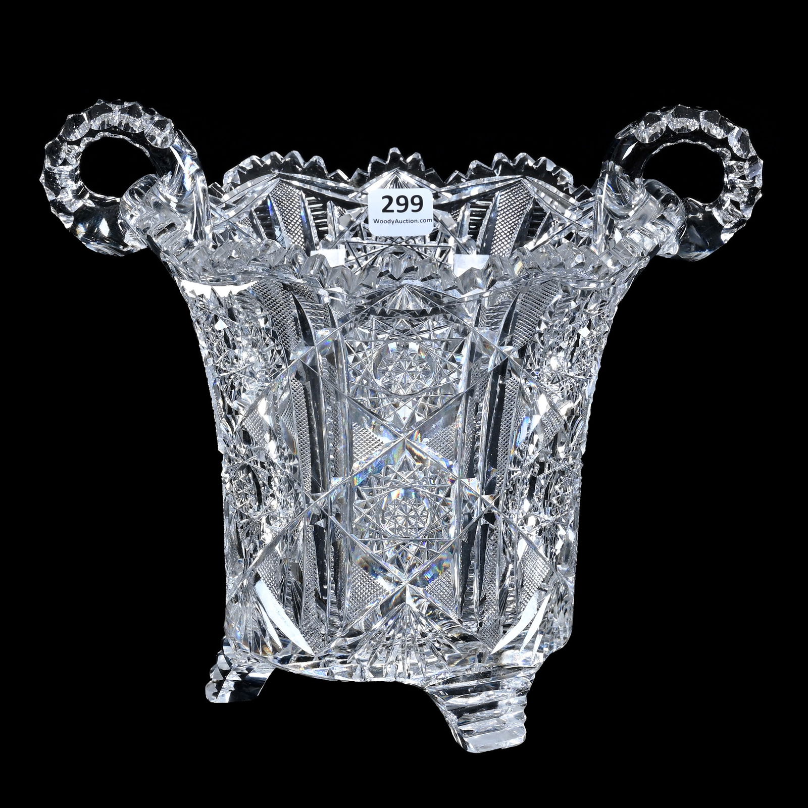 Ice Tub, Three Feet, Two Handles, American Brilliant Cut Glass, Acme Pattern By J. Hoare: Ice Tub, Three Feet, Two Handles, American Brilliant Cut Glass, Acme Pattern By J. Hoare, 8 x 9.25 x 7.25 Inches, Pattern Cut Base, Triple Notched Handles, Rare Form, 5 Pounds, Tennessee Private Colle