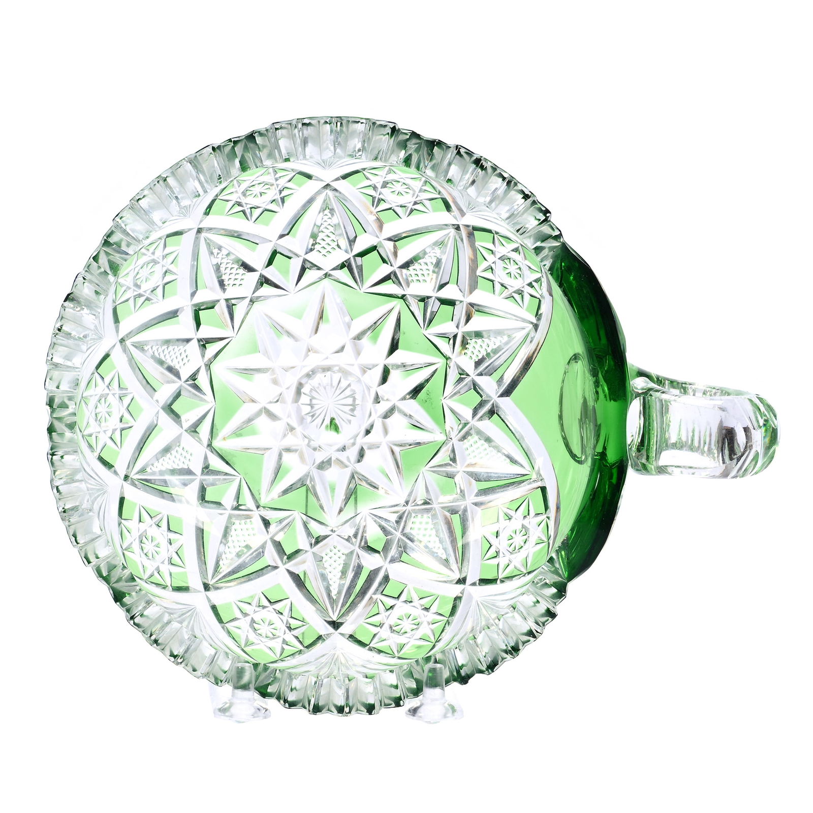 Handled Nappy, American Brilliant Cut Glass, Green Cut To Clear Marlboro Pattern By Dorflinger (1 of 3)