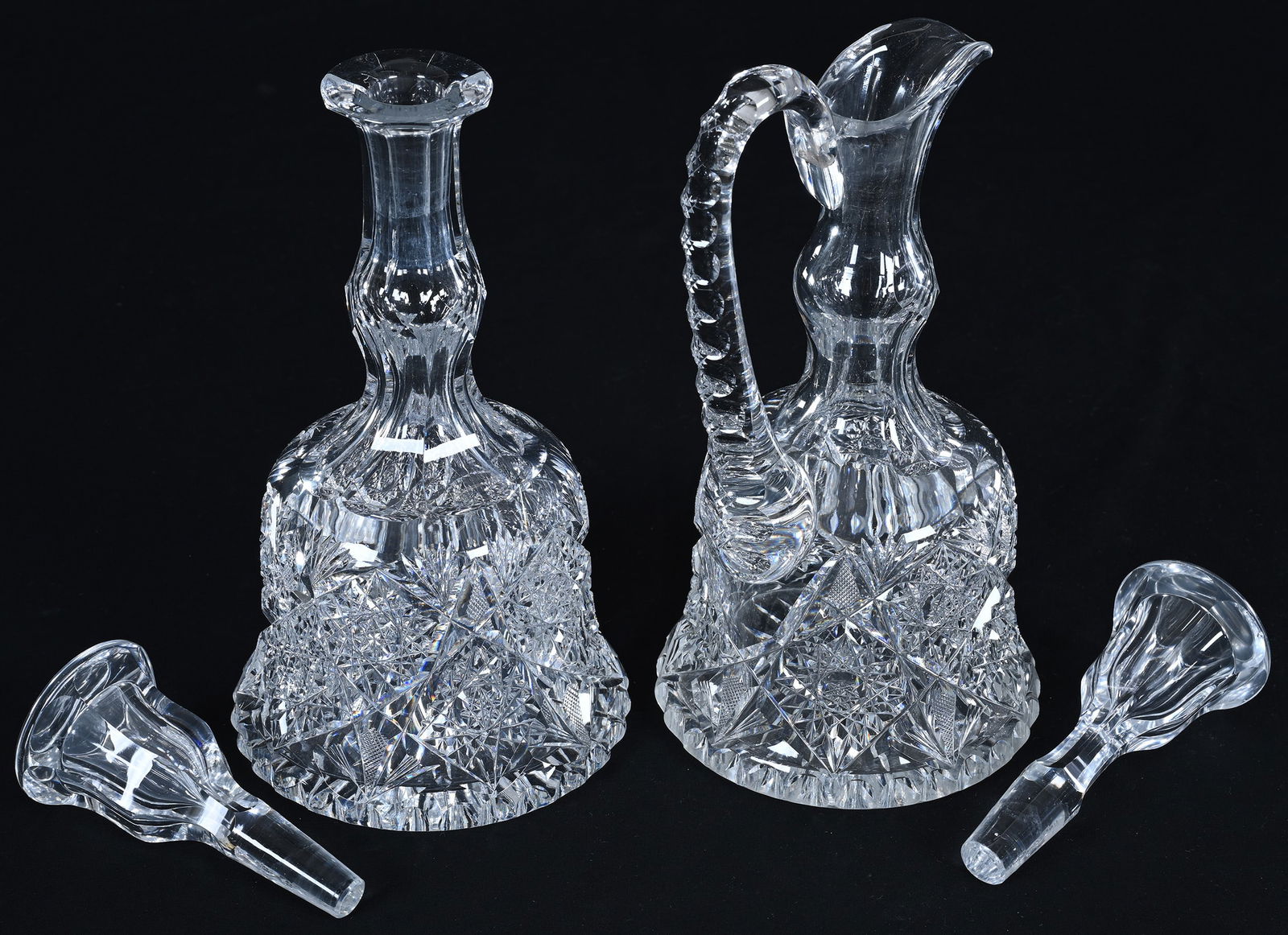 Decanter Set, American Brilliant Cut Glass, Bell Shape, One With Handle, One Without - 2