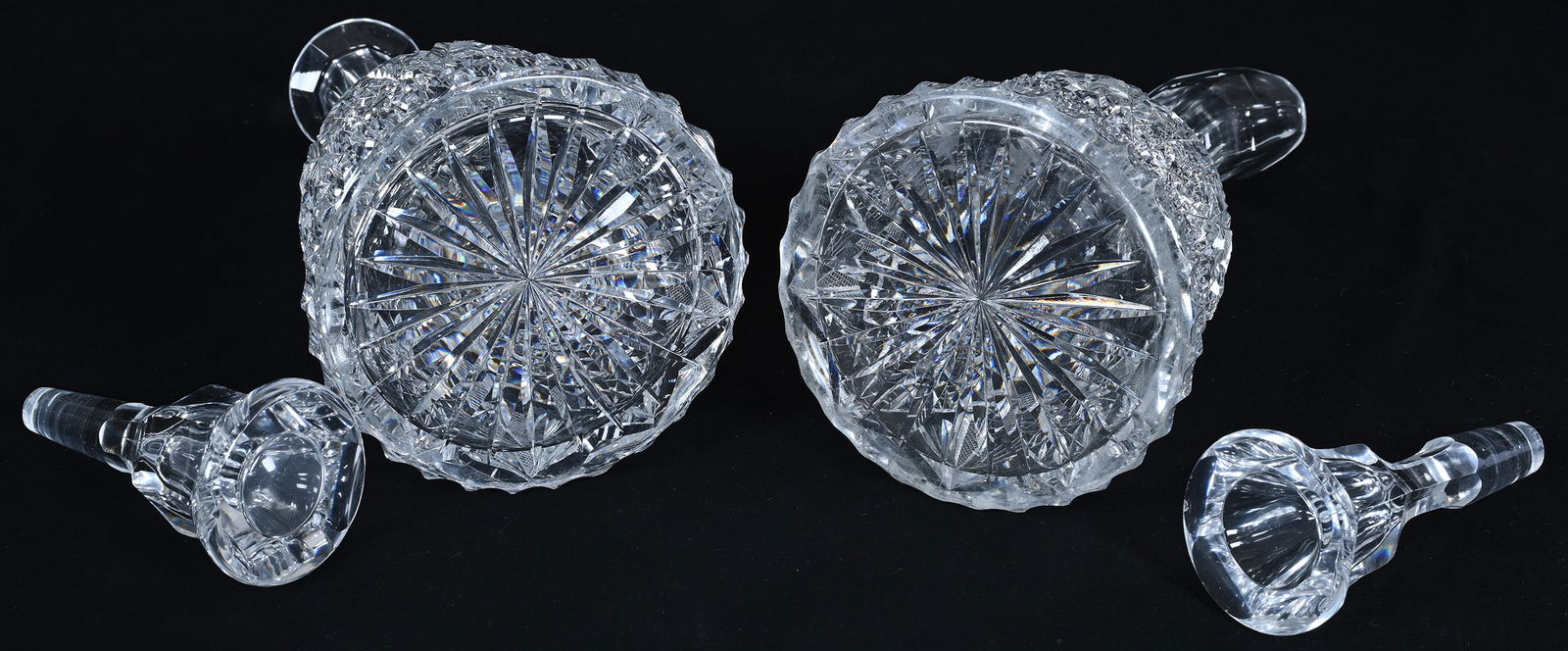 Decanter Set, American Brilliant Cut Glass, Bell Shape, One With Handle, One Without - 3