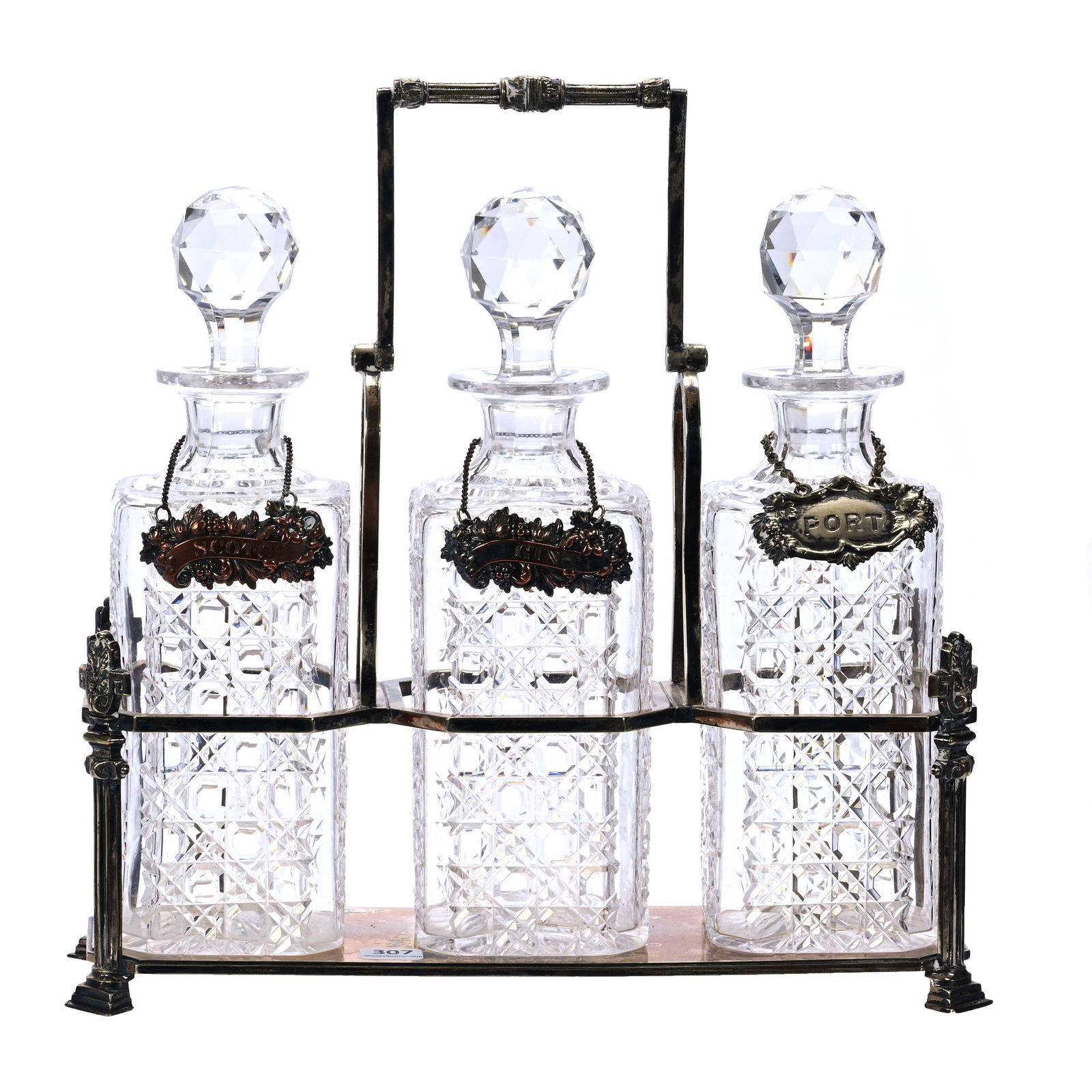 Tantalus Set, Brilliant Period Cut Glass, Three Square Decanters (1 of 6)