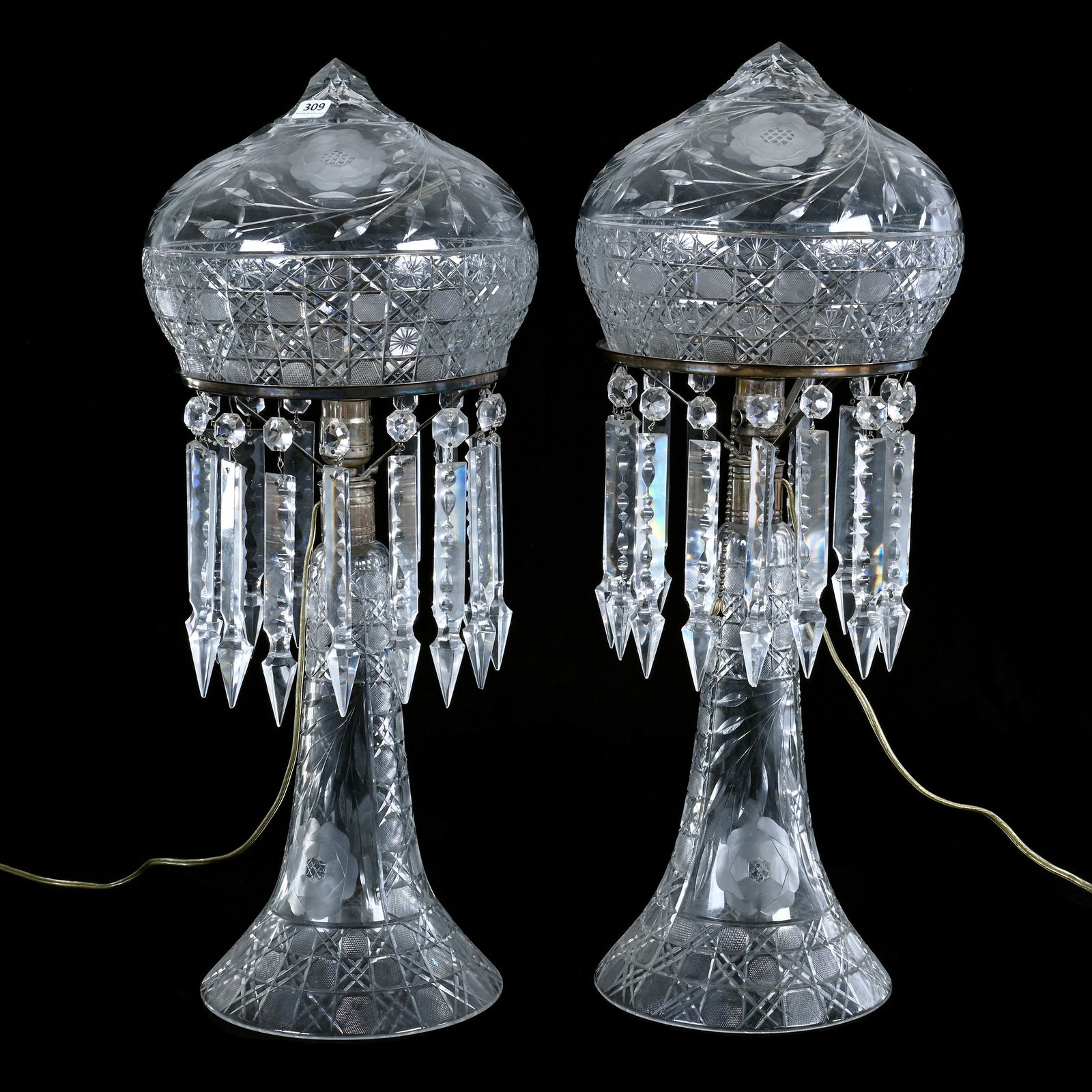 Pair Table Lamps, Strawberry Dome Shade, American Brilliant Cut Glass (1 of 3)