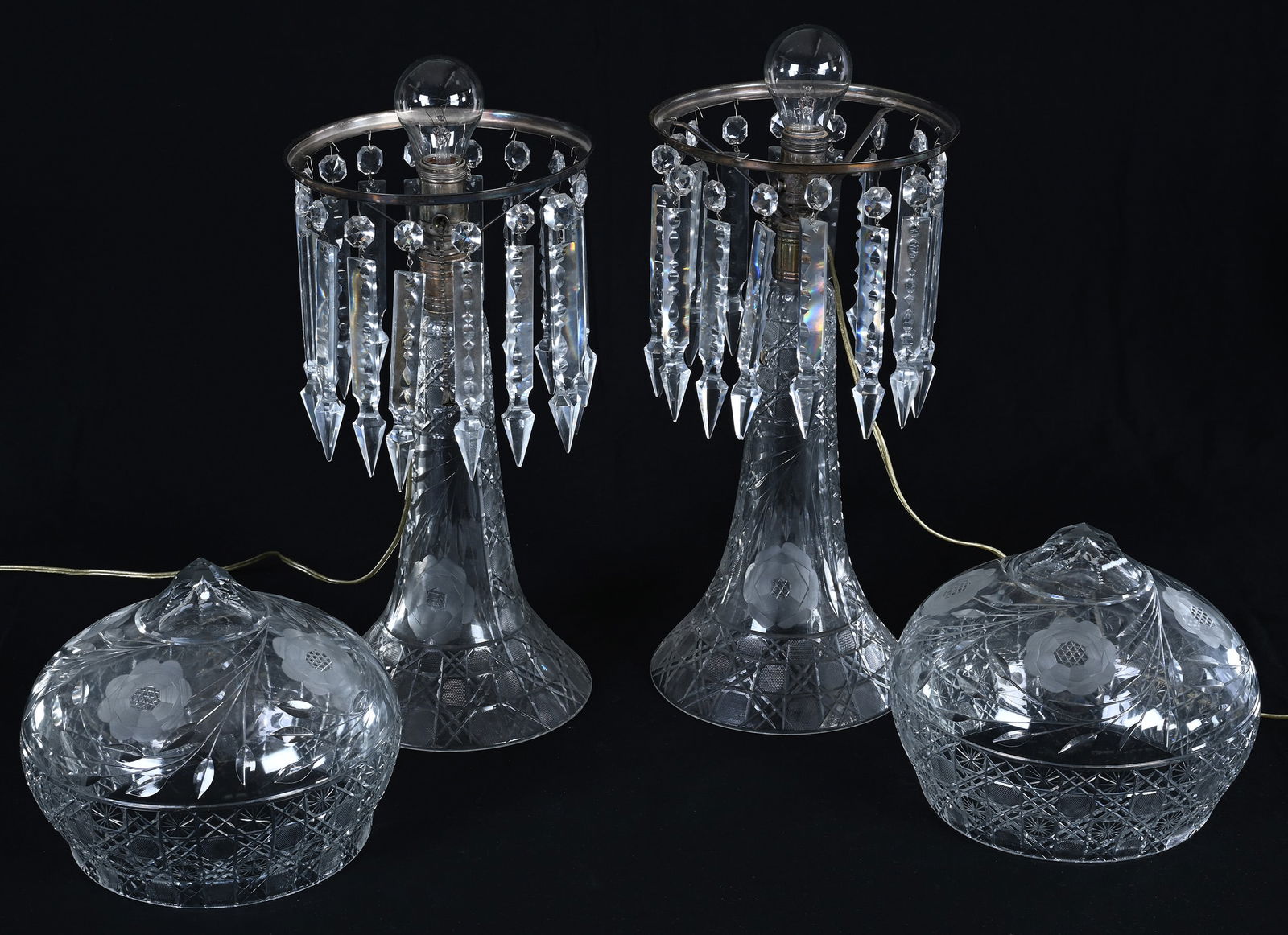 Pair Table Lamps, Strawberry Dome Shade, American Brilliant Cut Glass - 2