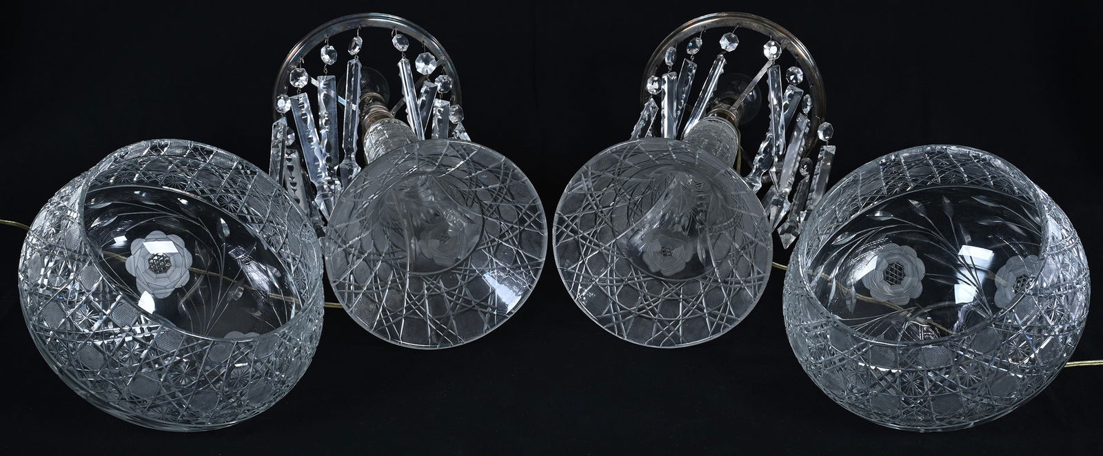 Pair Table Lamps, Strawberry Dome Shade, American Brilliant Cut Glass - 3