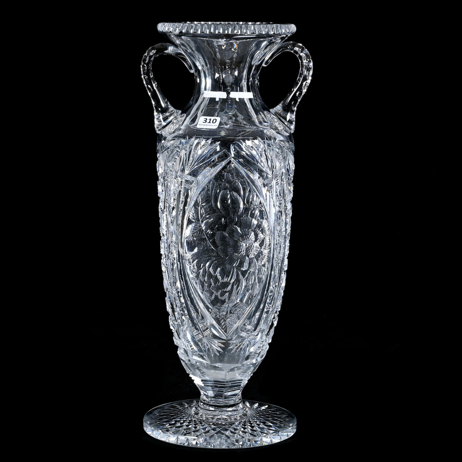 Pedestal Vase, Two Handles, American Brilliant Cut Glass, Jacqueminot Pattern By Pairpoint: Pedestal Vase, Two Handles, American Brilliant Cut Glass, Jacqueminot Pattern By Pairpoint, 17.25 x 7.25 x 6.5 Inches, Exactly As Featured In ACGA Pairpoint Catalog Reprint, Page 155, 13 Pounds,