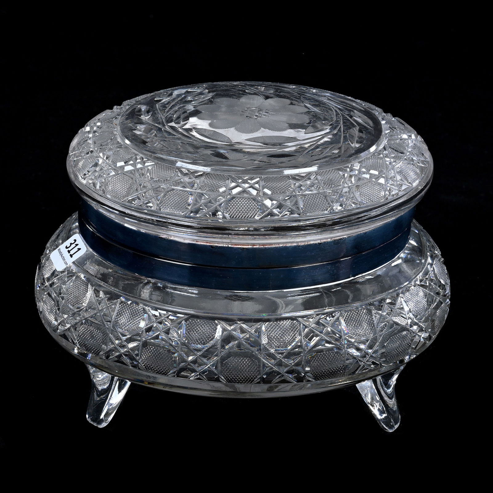 Footed Dresser Box, American Brilliant Cut Glass, Engraved Floral And Harvard Pattern: Footed Dresser Box, American Brilliant Cut Glass, Engraved Floral And Harvard Pattern, 5.75 x 7.5 x 7.5 Inches, 5 Pounds, Richard Lockey Collection, Florida.