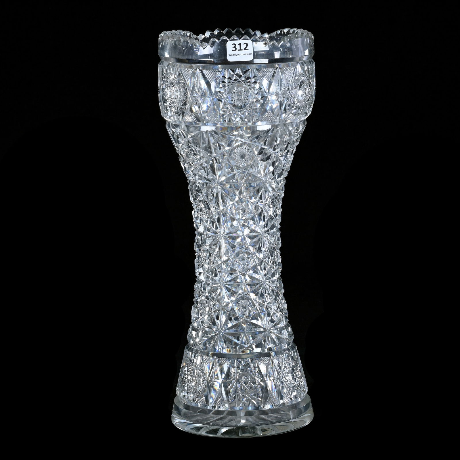 Vase, ABCG, Signed Hawkes Russian Pattern With Hobstar And Crosscutting Border Highlights: Vase, American Brilliant Cut Glass, Signed Hawkes Russian Pattern With Hobstar And Crosscutting Border Highlights, 14 x 5.5 x 5.5 Inches, Ray Cut Base, 6 Pounds, Kansas Private Collection.