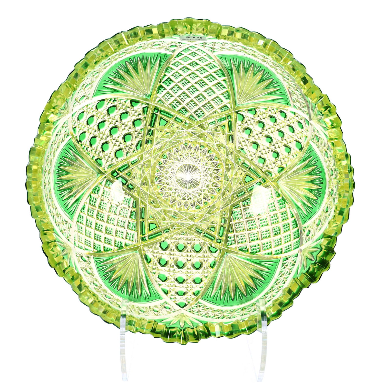 Bowl, Brilliant Period Cut Glass, Green Cut To Vaseline: Bowl, Brilliant Period Cut Glass, Green Cut To Vaseline, 4.5 x 10.5 x 10.5 Inches, Hobstar Center With Vesica And Arcs Featuring Cane, Crosscutting Diamonds, Quartered Diamonds, Hobstar & Fan Motifs,