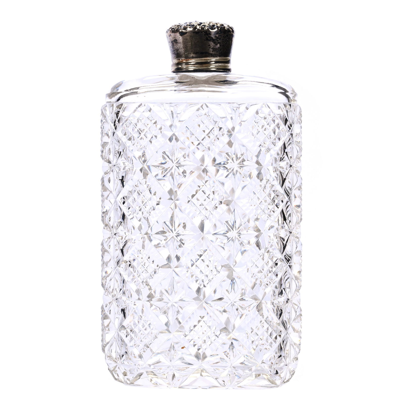 Pocket Flask, American Brilliant Cut Glass, Diamond And Star Design: Pocket Flask, American Brilliant Cut Glass, Diamond And Star Design, 5.75 x 3 x 1.25 Inches, Sterling Silver Twist Cap Marked Unger Brothers, 1 Pounds, Richard Lockey Collection, Florida.