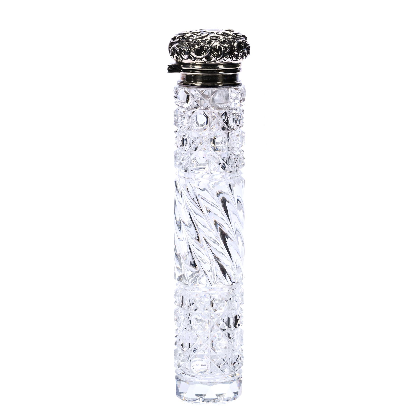 Lay Down Perfume Bottle, American Brilliant Cut Glass, Cane And Swirl Pattern: Lay Down Perfume Bottle, American Brilliant Cut Glass, Cane And Swirl Pattern , 8 x 1.75 x 1.75 Inches, Sterling Silver Flip Lid, Original Glass Stopper, 1 Pounds, Tennessee Private Collection.