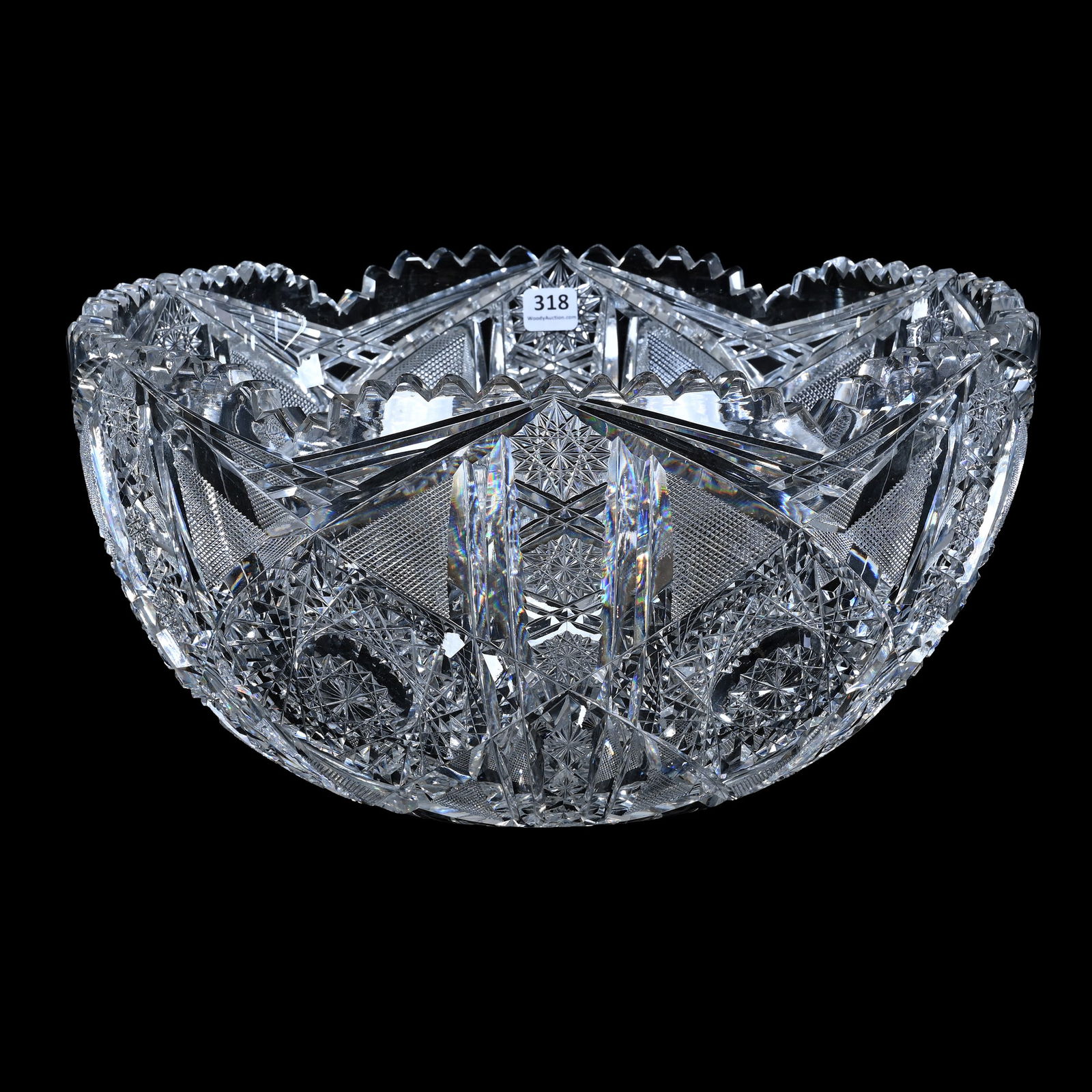 Punch Bowl, One Piece, American Brilliant Cut Glass, Signed Clark Genoa Pattern: Punch Bowl, One Piece, American Brilliant Cut Glass, Signed Clark Genoa Pattern, 7.5 x 14.5 x 14.5 Inches, Pattern Chips, 18 Pounds, Florida Private Collection.