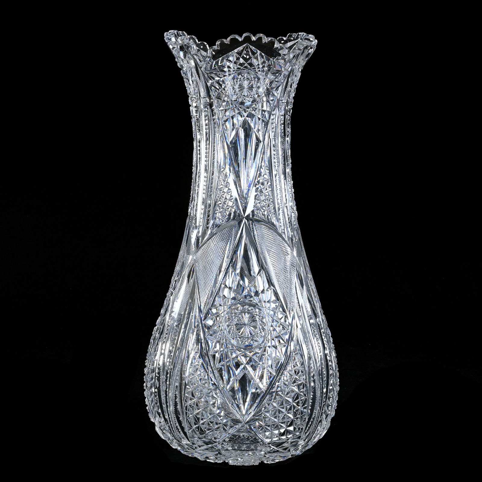 Vase, ABCG, Well Cut Strauss, Pattern #187: Vase, American Brilliant Cut Glass, Well Cut Strauss, Pattern #187, 16 x 7.5 x 7.5 Inches, Very Clear Blank, Pattern Wraps Unto Base, Rim Chip, 9 Pounds, Florida Private Collection. UPDATED 1-7-26: