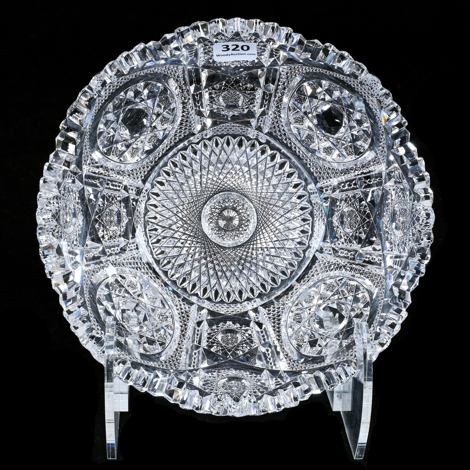 Bowl, ABCG, Signed Clark Waldorf Pattern, Also Known As Quatrefoil & Rosettes Pattern: Bowl, American Brilliant Cut Glass, Signed Clark Waldorf Pattern, Also Known As Quatrefoil & Rosettes Pattern, 3.25 x 8 x 8 Inches, Fine Example, 4 Pounds, Tennessee Private Collection.
