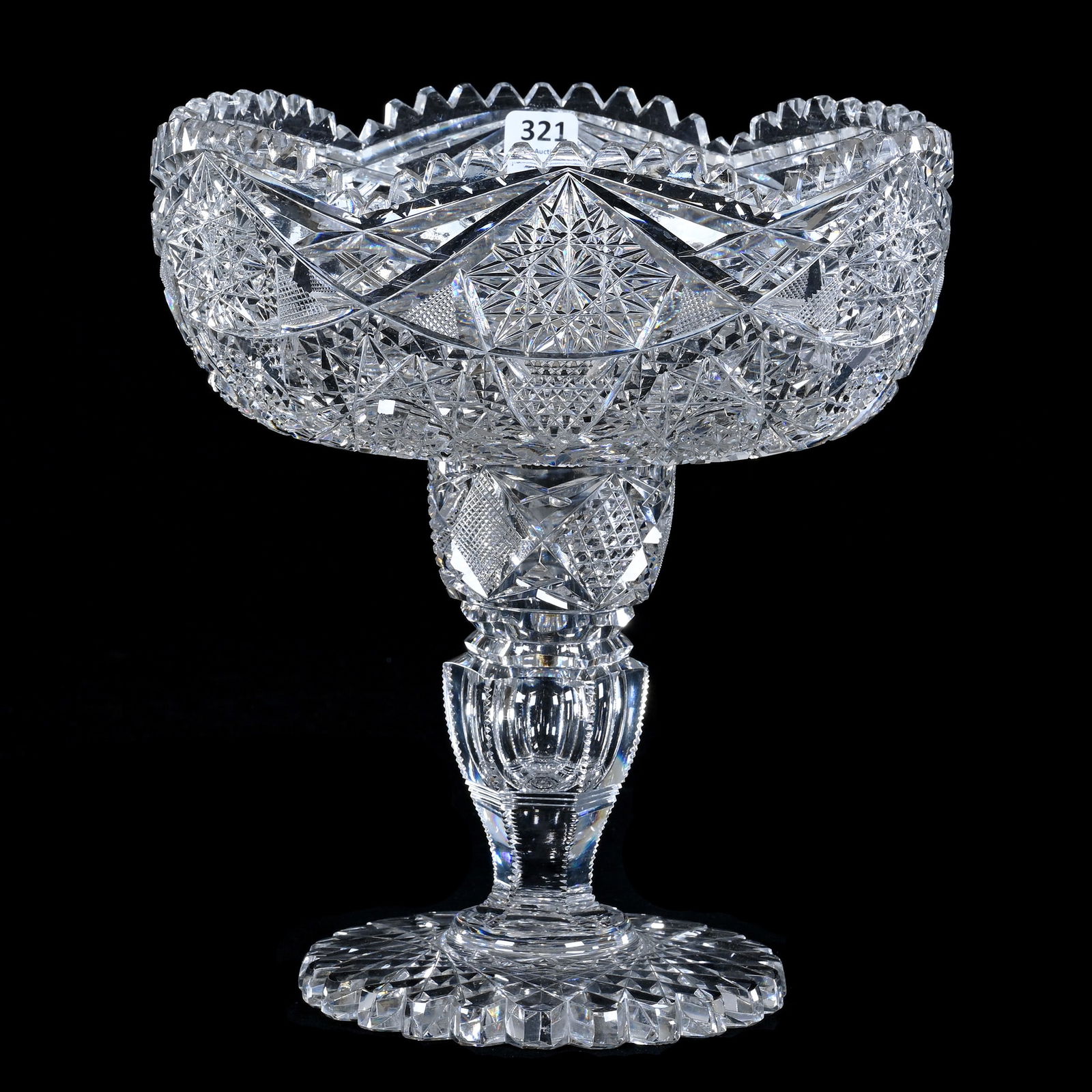 Pedestal Bowl, Two Part, American Brilliant Cut Glass: Pedestal Bowl, Two Part, American Brilliant Cut Glass, 10.25 x 9 x 9 Inches, Hobstar, Nailhead Diamond, Crosscutting & Crosshatch Motif, Scalloped Hobstar Foot, 8 Pounds, Pennsylvania Private
