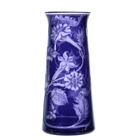 Vase, Late Period ABCG, Signed Libbey, Amethyst Cut To Clear, Engraved Floral Vine & Leaf Design
