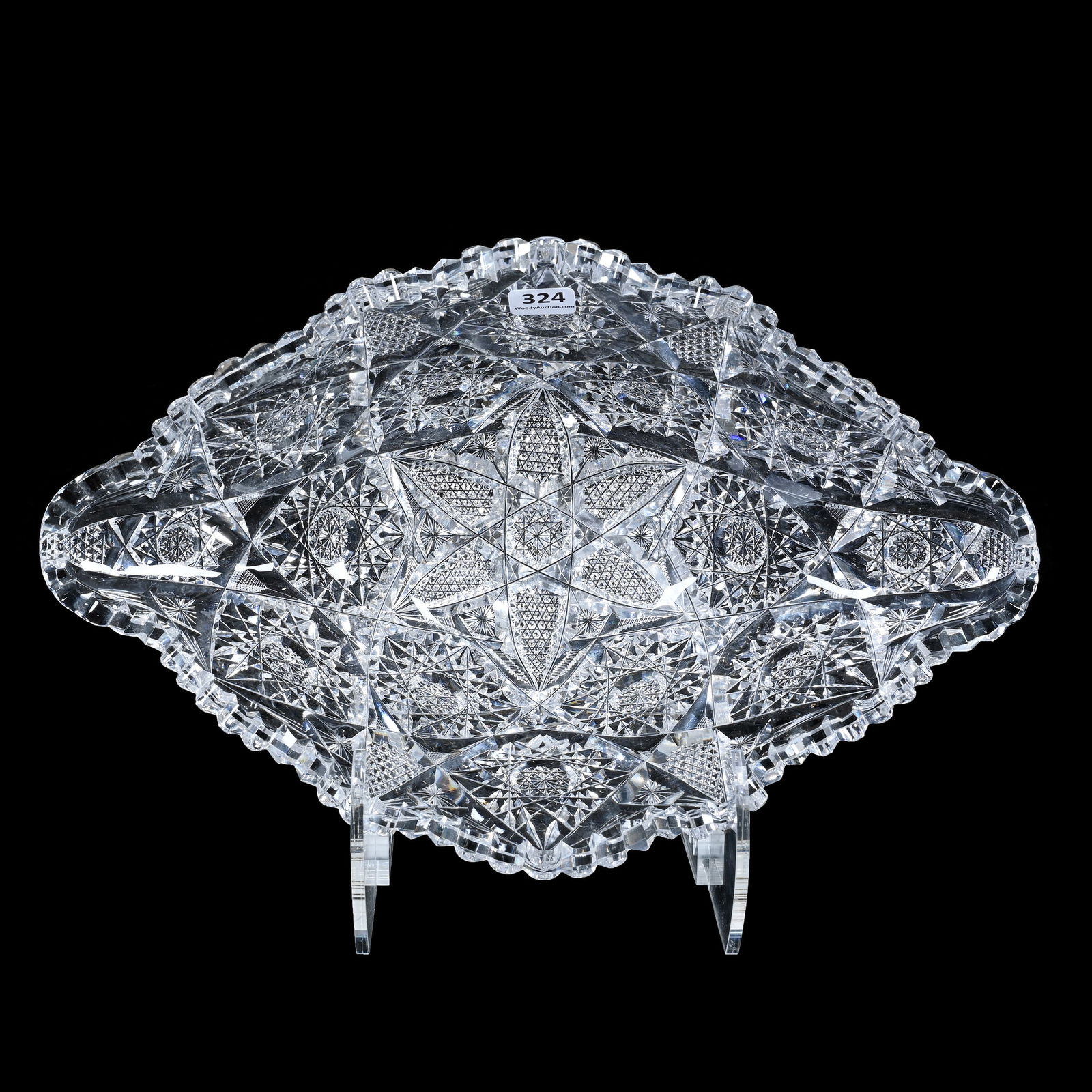 Bowl, Napoleon Hat Shape, American Brilliant Cut Glass: Bowl, Napoleon Hat Shape, American Brilliant Cut Glass, 4.25 x 13.5 x 8.5 Inches, Hobstar, Vesica, Nailhead Diamond And Star Motif, 5 Pounds, Florida Private Collection.