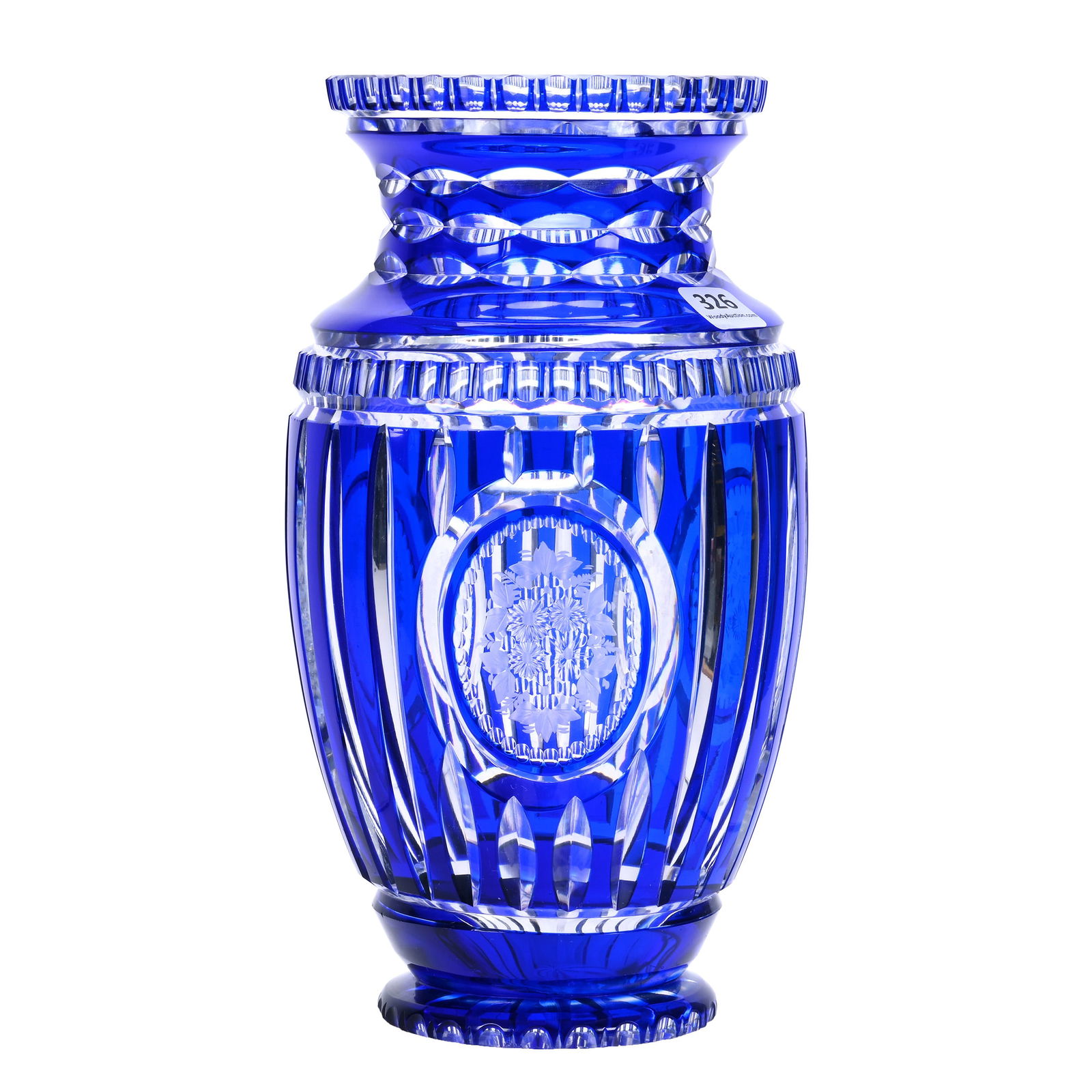 Vase, Cut Glass, Cobalt Blue Cut To Clear: Vase, Cut Glass, Cobalt Blue Cut To Clear, 9.75 x 5.25 x 5.25 Inches, Three Medallions With Engraved Fruit Decor, Unidentified Maker, 5 Pounds, Richard Lockey Collection, Florida.