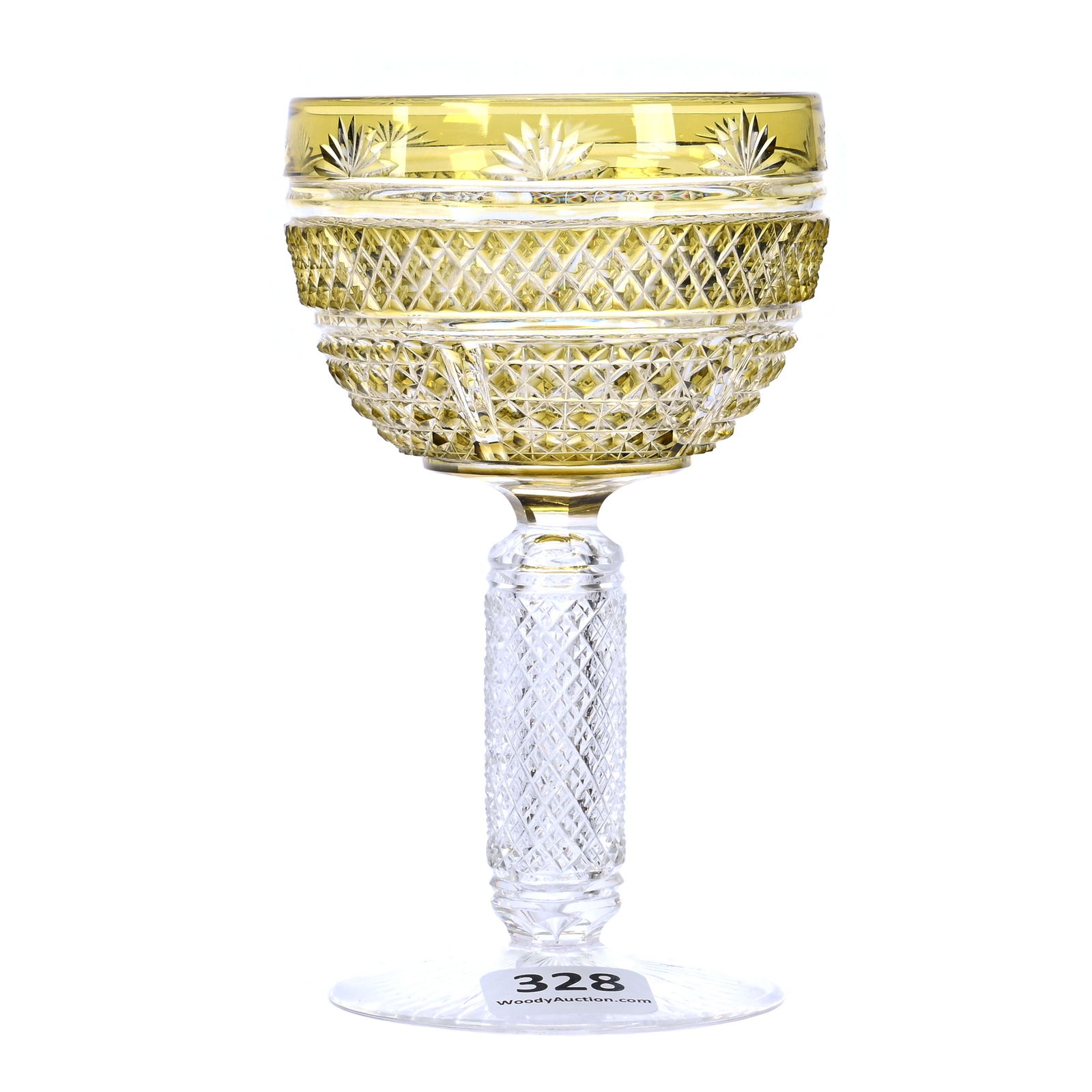 Wine Stem, Brilliant Period Cut Glass, Topaz Cut To Clear: Wine Stem, Brilliant Period Cut Glass, Topaz Cut To Clear, 4.75 x 2.75 x 2.75 Inches, Crosscut Diamond Band With Diamond Cut Fields With Fan Highlights, Cylinder Shape Crosscut Diamond Stem, Ray Cut