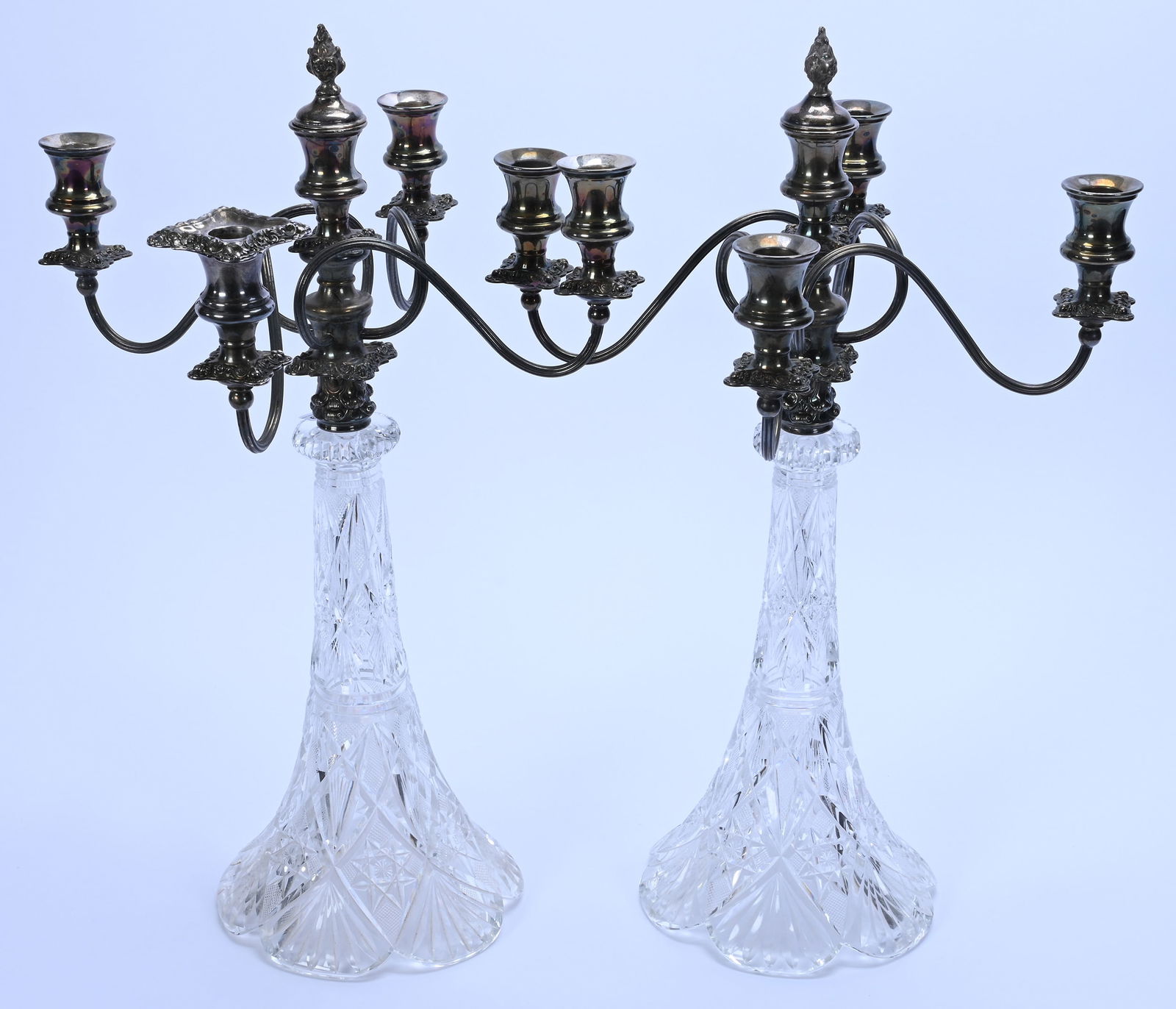 Pair Five Arm Candelabra, American Brilliant Cut Glass, Pattern Resembles Gladys By Hawkes - 2