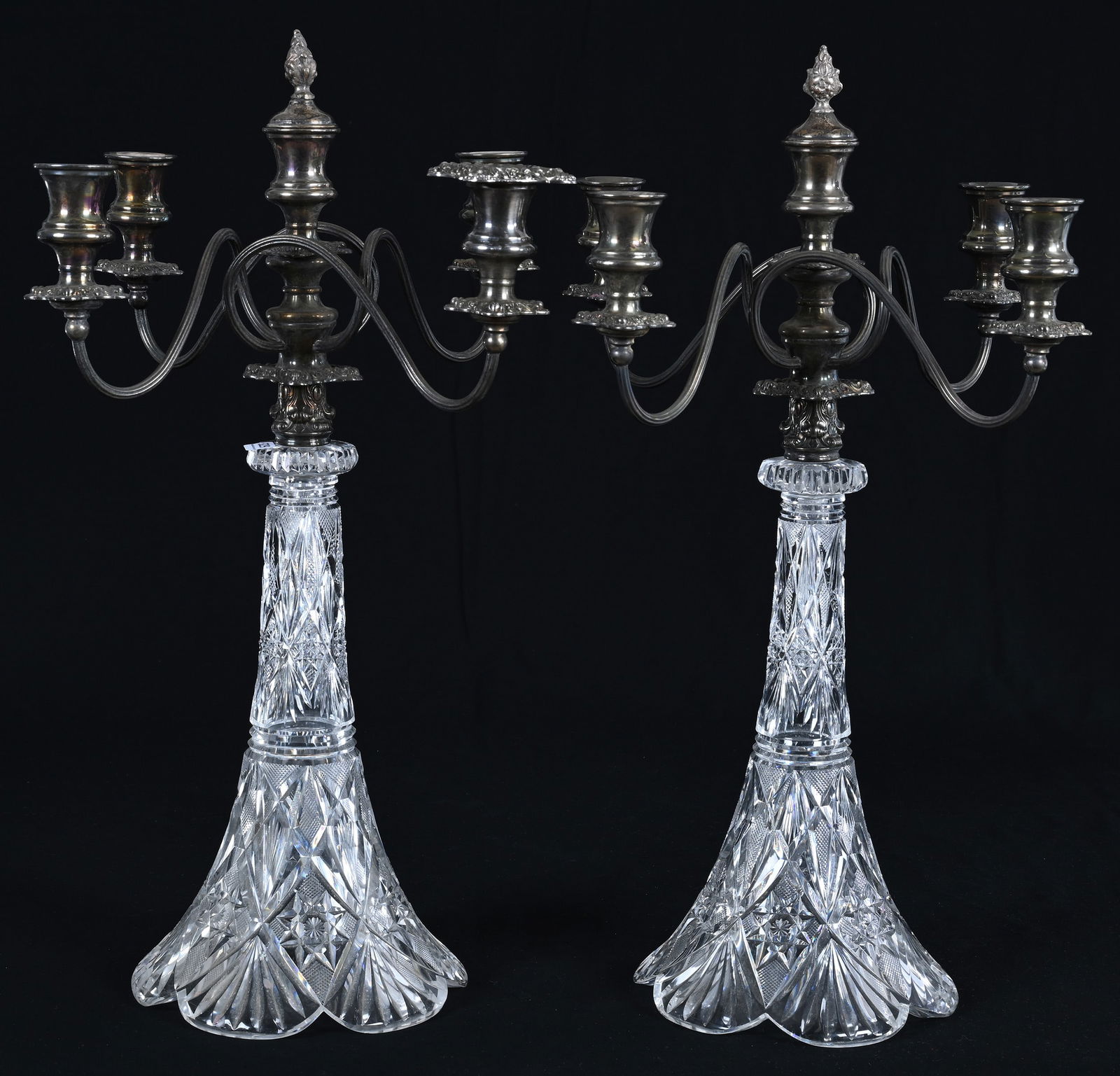 Pair Five Arm Candelabra, American Brilliant Cut Glass, Pattern Resembles Gladys By Hawkes - 4
