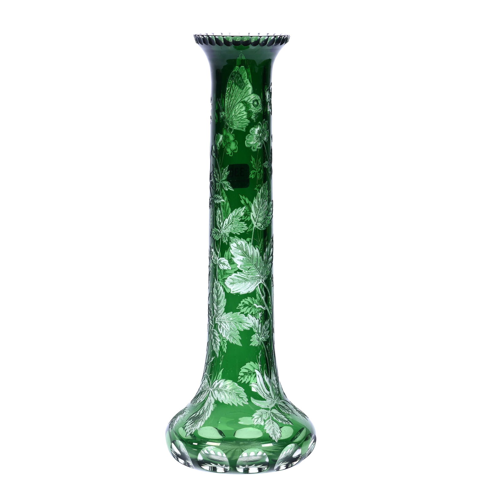 Vase, Brilliant Period Cut Glass, Green Cut To Clear, Acid Cut Floral Leaf & Butterfly Decor: Vase, Brilliant Period Cut Glass, Green Cut To Clear, Acid Cut Floral Leaf & Butterfly Decor, 12 x 4.5 x 4.5 Inches, Ray Cut Base, Manufacturer's Defect/Identification Mark, 3 Pounds, Private