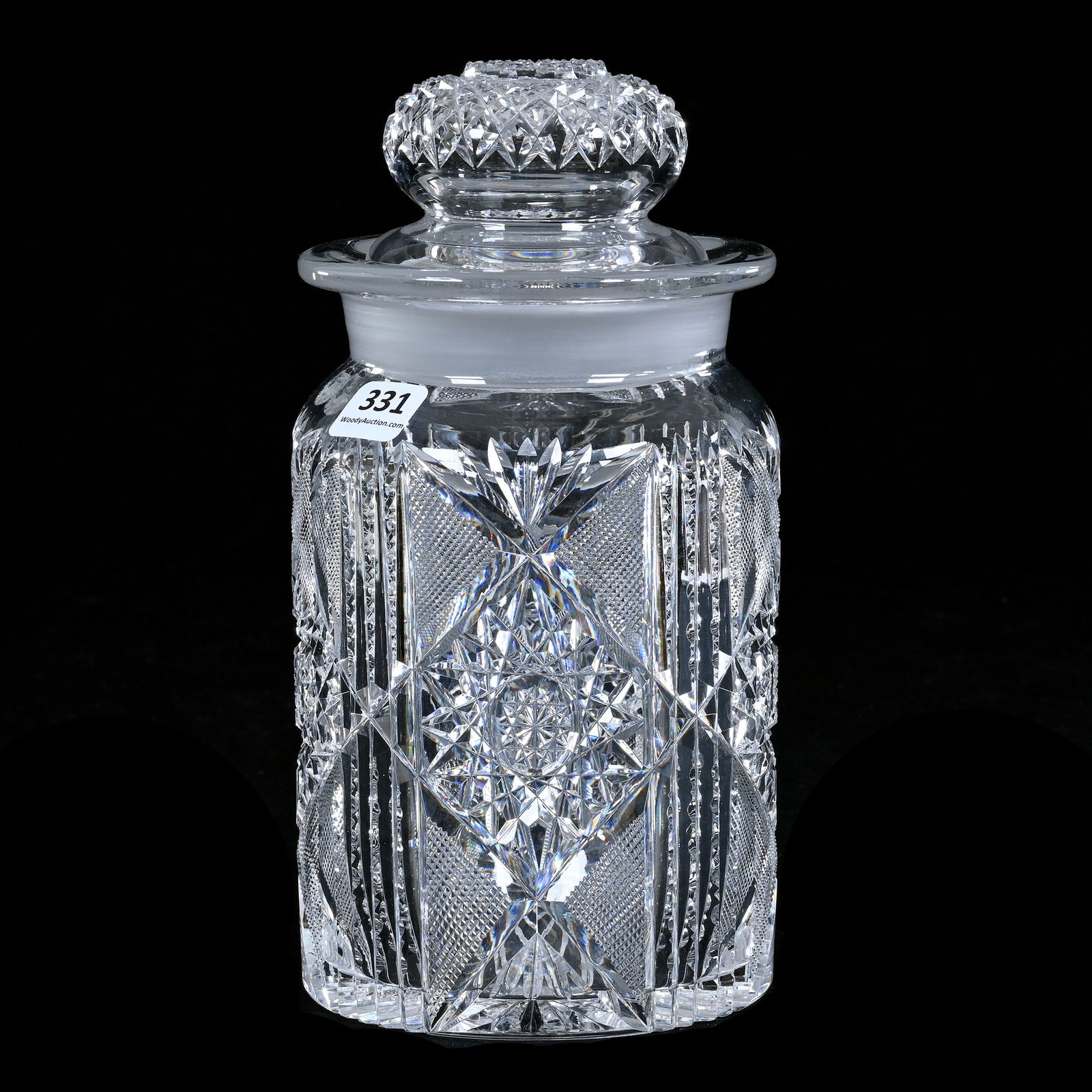 Humidor, American Brilliant Cut Glass, Ariel Pattern By C.F. Monroe: Humidor, American Brilliant Cut Glass, 8.75 x 4.5 x 4.5 Inches, Ariel Pattern By C.F. Monroe, Well Cut Hobstar Lid, Ray Cut Base, Extra Clear Blank, 4 Pounds, Richard Lockey Collection, Florida.