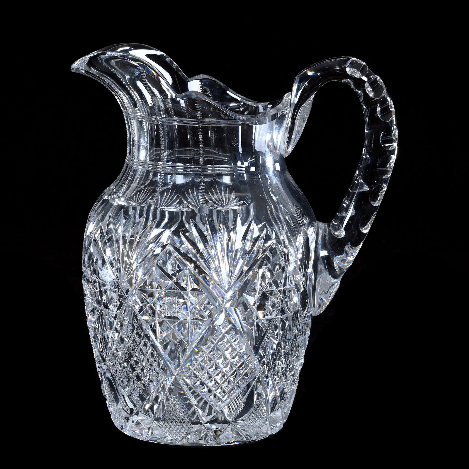 Pitcher, ABCG, Pattern Has Similarities To Devonshire By Hawkes With Added Hobstars: Pitcher, American Brilliant Cut Glass, Pattern Has Similarities To Devonshire By Hawkes With Added Hobstars, 8.25 x 7 x 5 Inches, Double Notched Handle, Ray Cut Base, 5 Pounds, Richard Lockey