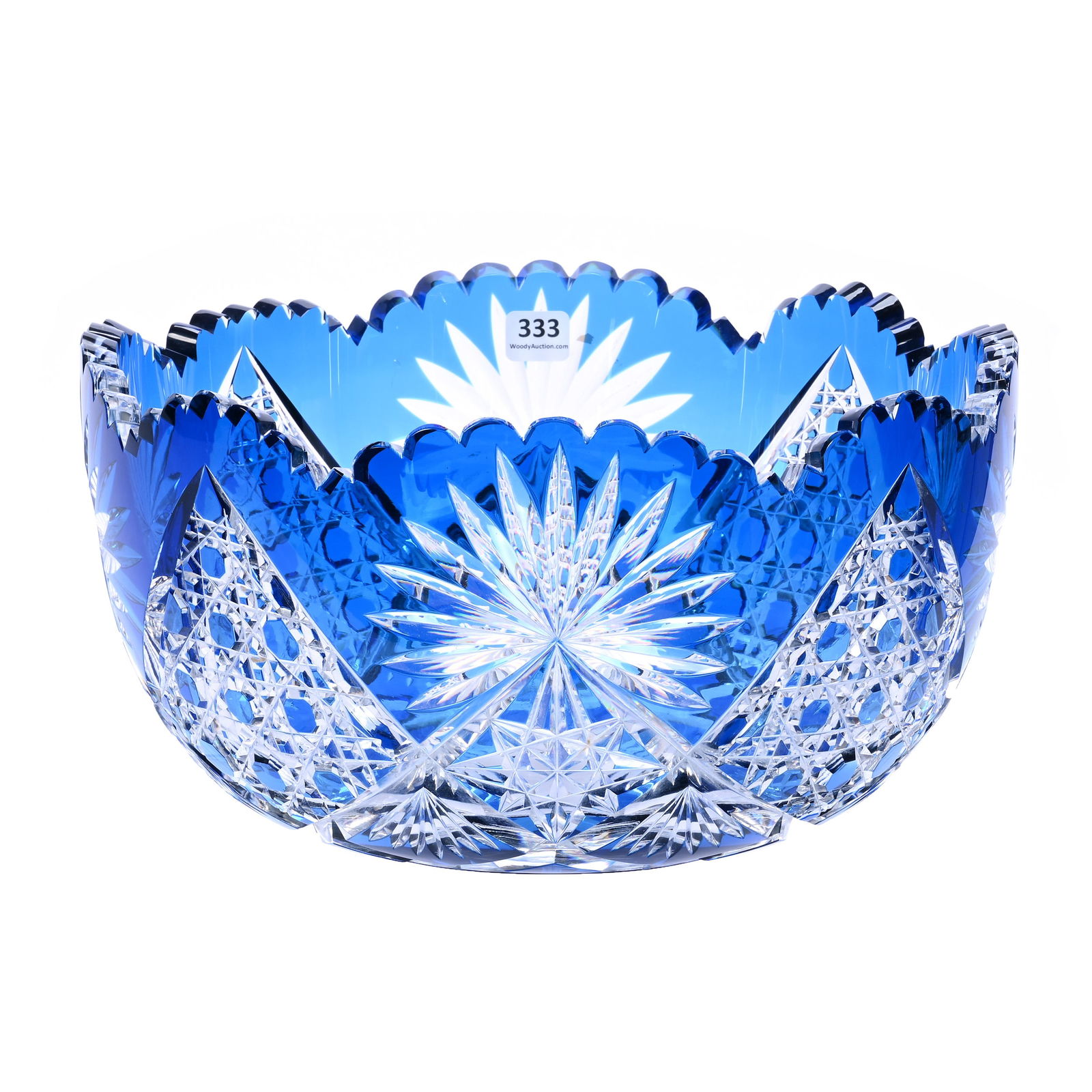 Punch Bowl, Single Piece, BPCG, Blue Cut To Clear, Pattern HF-421 By Val St. Lambert: Punch Bowl, Single Piece, Brilliant Period Cut Glass, Blue Cut To Clear, Pattern HF-421 By Val St. Lambert, 6.25 x 11.75 x 11.75 Inches, Circa 1910, Nice Quality, 14 Pounds, Private Collection.