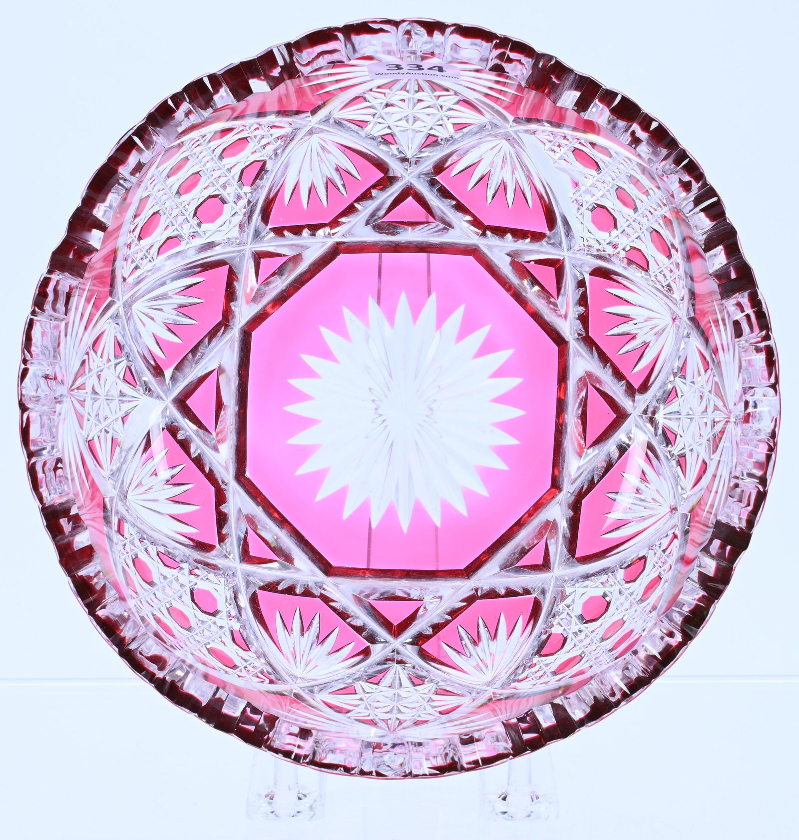 Bowl, Brilliant Period Cut Glass, Red Cut To Clear, Pattern HF-421 By Val St. Lambert: Bowl, Brilliant Period Cut Glass, Red Cut To Clear, Pattern HF-421 By Val St. Lambert, 3 x 7 x 7 Inches, Circa 1910, Base Pattern Chip, 3 Pounds, Private Collection.