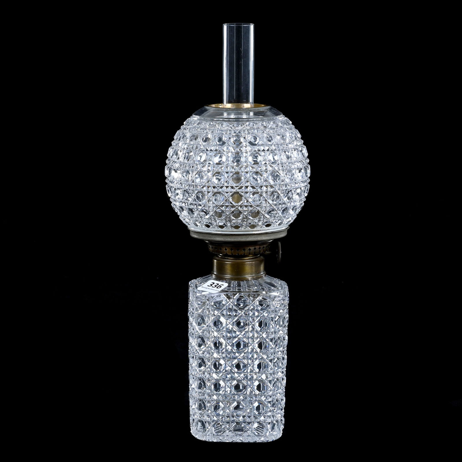 Kerosene Lamp, Brilliant Period Cut Glass, Four-Sided, Cane Pattern Base: Kerosene Lamp, Brilliant Period Cut Glass, Four-Sided, Cane Pattern Base, 10.75 x 4.5 x 4.5 Inches, Pattern Matched Globe Shade, Total Height With Chimney Is 13.25 Inch, Burner Marked "W&W Kosmos", 3