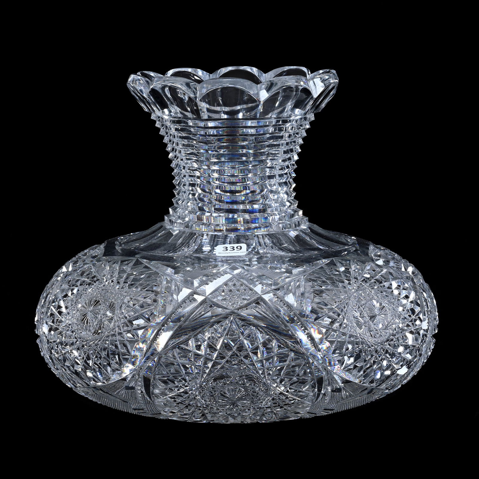 Flower Center, American Brilliant Cut Glass, Four Alternating Sections Of Hobstar: Flower Center, American Brilliant Cut Glass, Four Alternating Sections Of Hobstar, 10 x 12 x 12 Inches, Vesica, Crosscutting, Nailhead Diamond, Prism & Fan, Long Stepcut Neck, Full Pattern Cut Base,