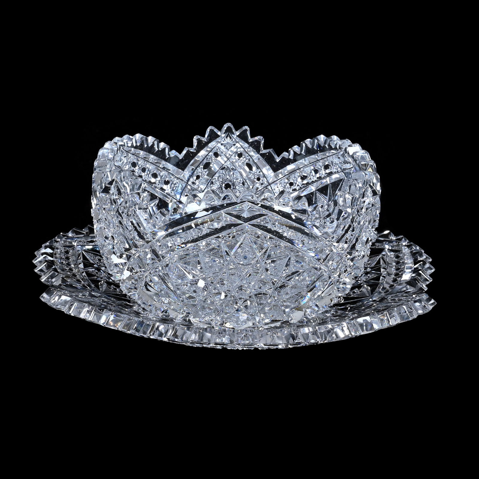 Finger Bowl & Underplate, American Brilliant Cut Glass, Signed Libbey Snow Crystal Pattern: Finger Bowl & Underplate, American Brilliant Cut Glass, Signed Libbey Snow Crystal Pattern, 3 x 7.5 x 7.5 Inches, Designed By W.C. Anderson, Extremely Rare, Exceptional Quality, Rim Chip On