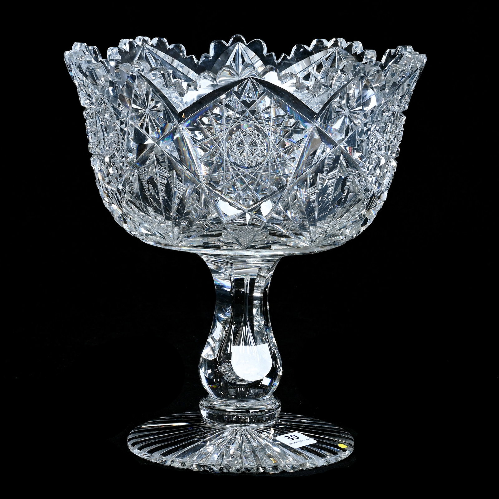 Pedestal Fruit Bowl, American Brilliant Cut Glass, Signed Hawkes Albion Pattern: Pedestal Fruit Bowl, American Brilliant Cut Glass, Signed Hawkes Albion Pattern, 9.75 x 8.75 x 8.75 Inches, Teardrop Stem, Ray Cut Foot, Excellent Blank, 6.7 Pounds, Bill Sandars Collection.