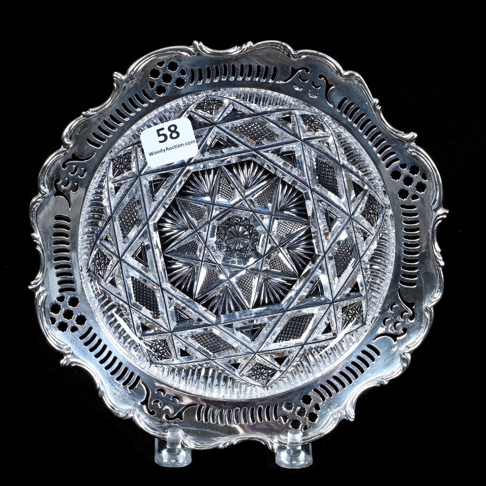 Plate, American Brilliant Cut Glass: Plate, American Brilliant Cut Glass, 7 x 7 x 1 Inches, Flashed Hobstar Center With Geometric Border, Attributed To J. Hoare, Gorham Sterling Silver Rim S2549, 0.9 Pounds, Bill Sandars Collection.