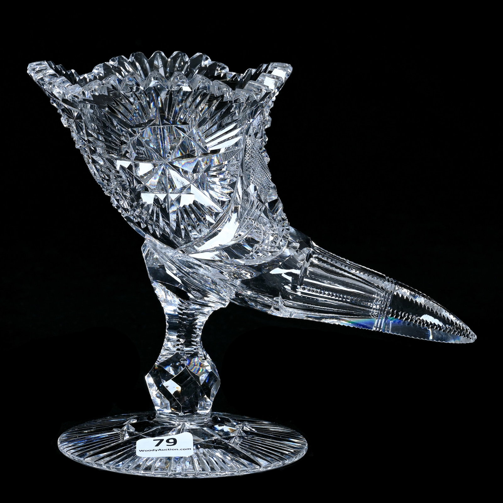 Pedestal Cornucopia Vase: Pedestal Cornucopia Vase, 6 x 7 x 4 Inches, Flashed Star, Crosscutting, Cane, And Fan Highlights, Facet Cut Stem, Pattern Cut Foot, 1.5 Pounds, Bill Sandars Collection.