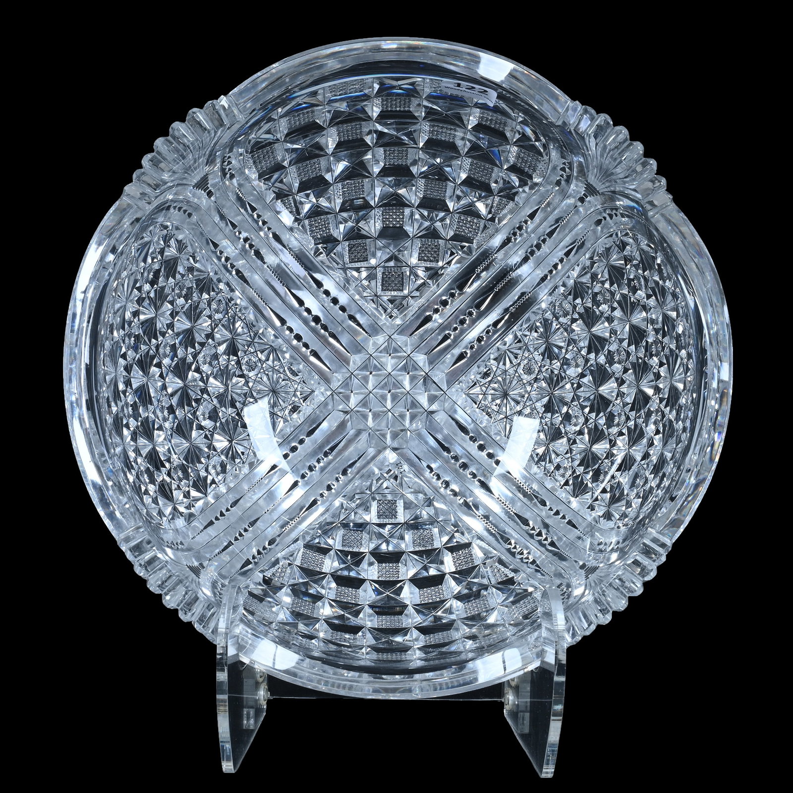 Bowl, American Brilliant Cut Glass: Bowl, American Brilliant Cut Glass, 10 x 10 x 5.25 Inches, Four Sections With Crossed Prism And Teardrop Shaped Panels Of Russian And Block Design, Extra Clear Blank, Very Nice Quality, 6.3 Pounds, Bi